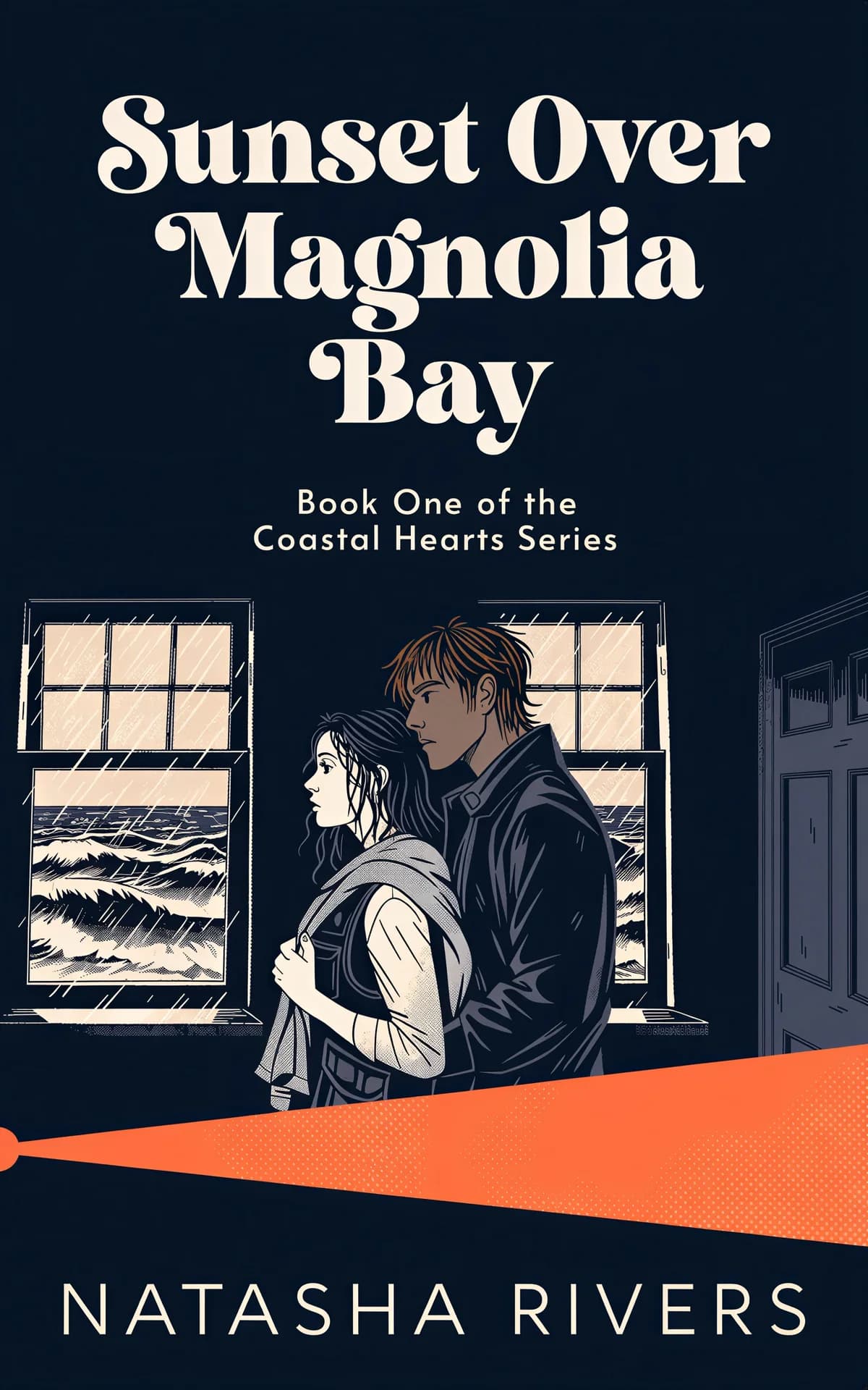 AI book cover generator romance illustrated-couple: Two figures stand silhouetted by stormy ocean windows in moody coastal setting for "Sunset Over Magnolia Bay".