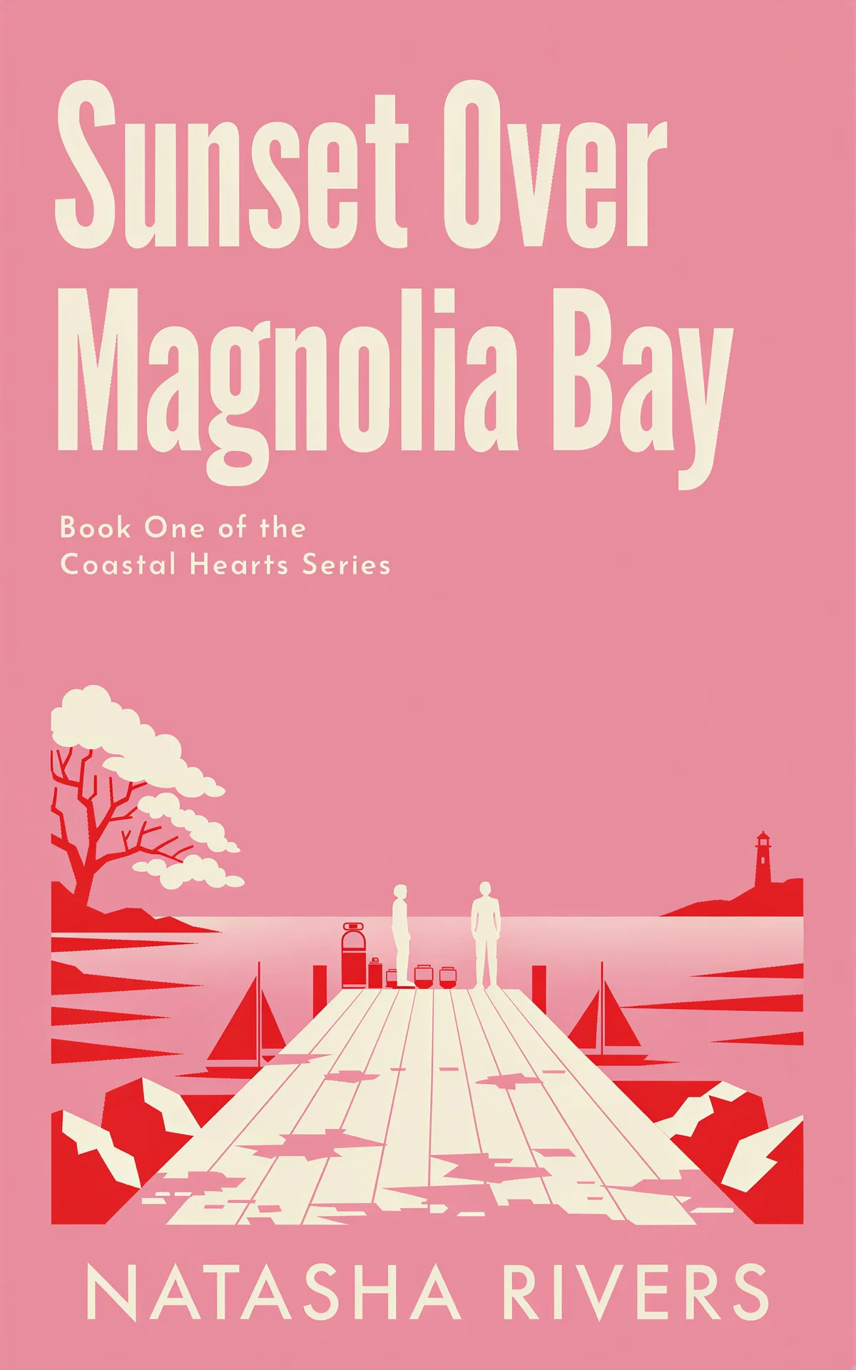 AI book cover generator romance flat-vector-vignette: wooden pier with two silhouettes, sailboats, lighthouse, and tree at sunset for "Sunset Over Magnolia Bay".