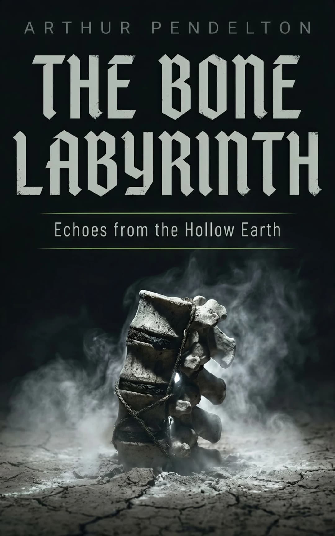AI book cover generator horror claude-horror-object-relic-type-dominant: Twisted bone-like sculpture emerging from cracked earth with smoky atmosphere for "The Bone Labyrinth".