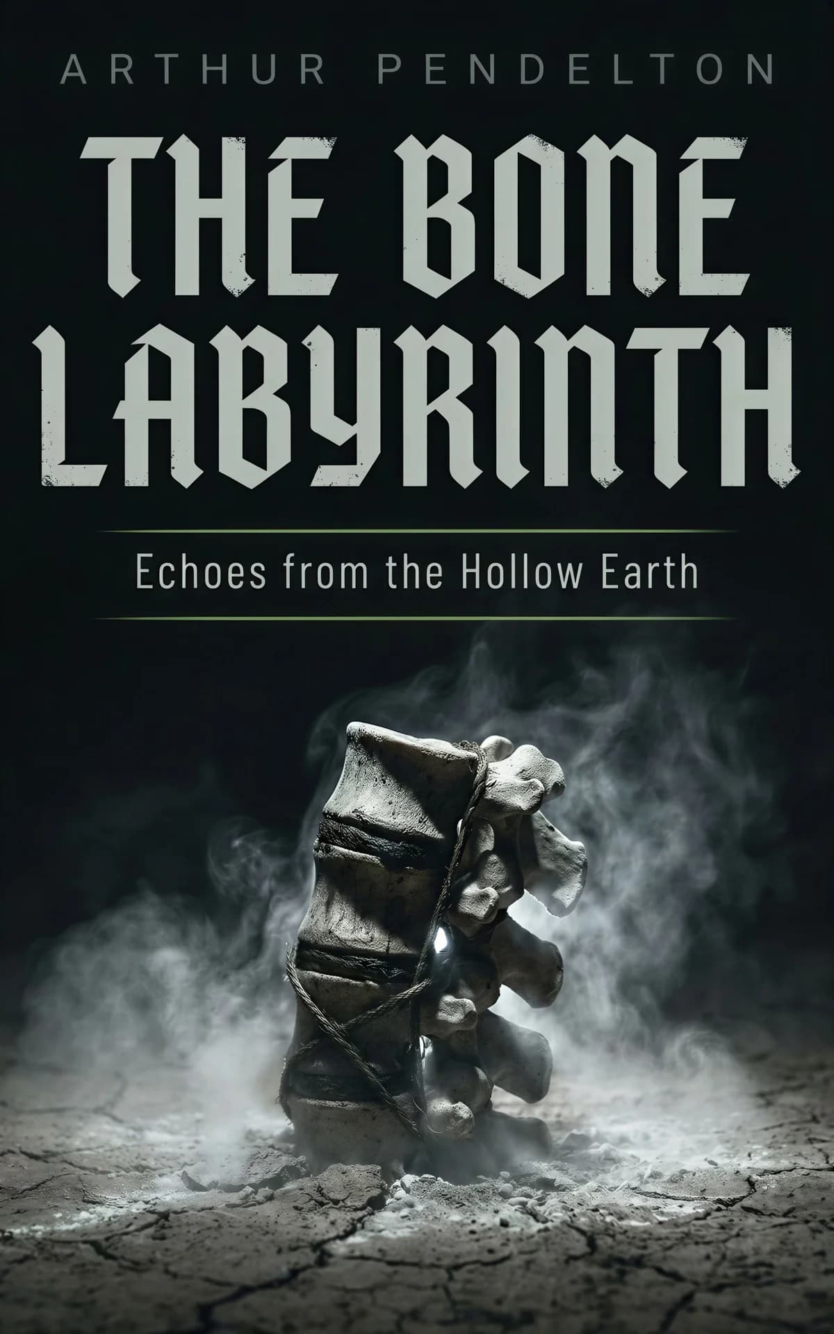 AI book cover generator horror claude-horror-object-relic-type-dominant: Twisted bone-like sculpture emerging from cracked earth with smoky atmosphere for "The Bone Labyrinth".