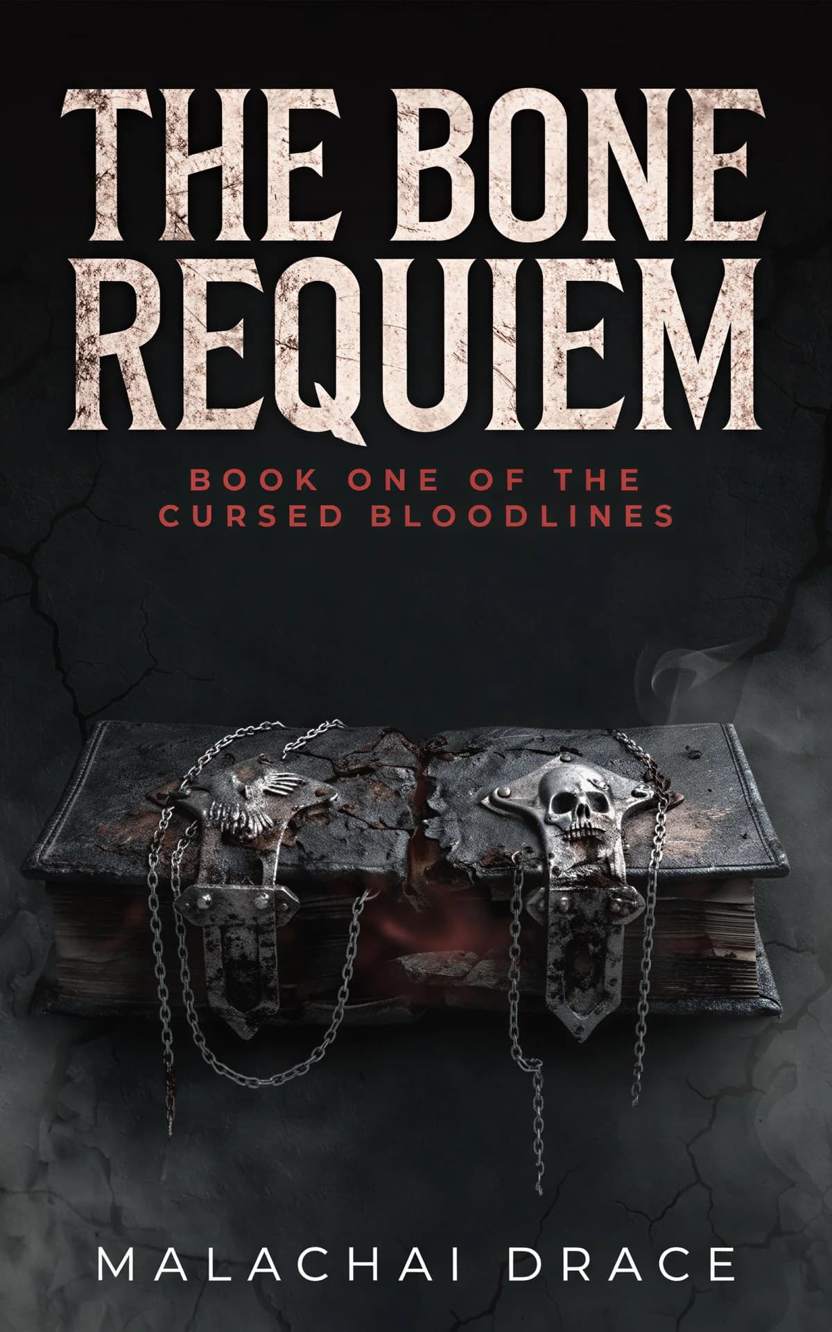 AI book cover generator grimdark fantasy: ornate chest with skulls and chains on cracked dark background for "The Bone Requiem".