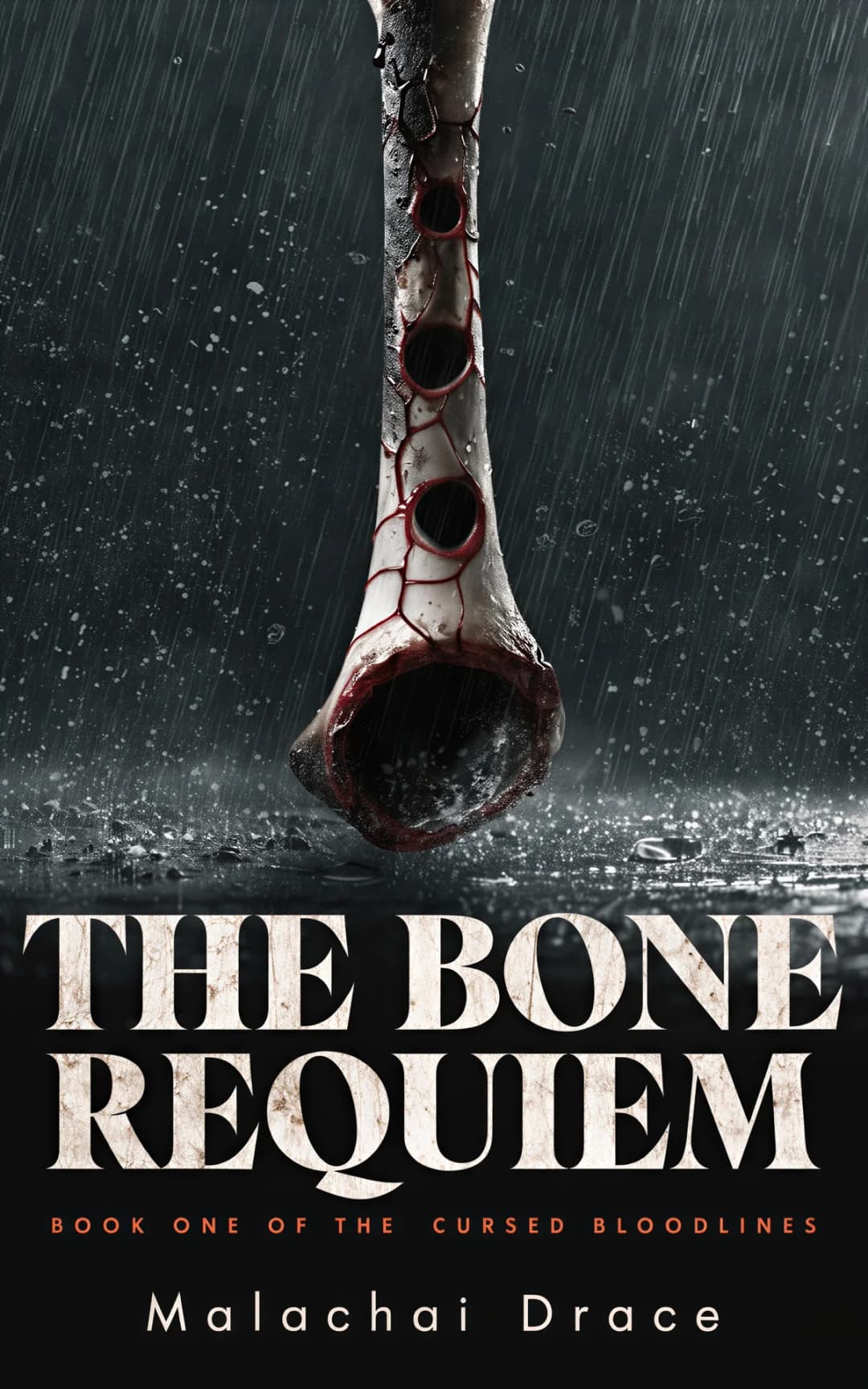 AI book cover generator grimdark fantasy: anatomical bone structure with blood vessels in heavy rain for "The Bone Requiem"