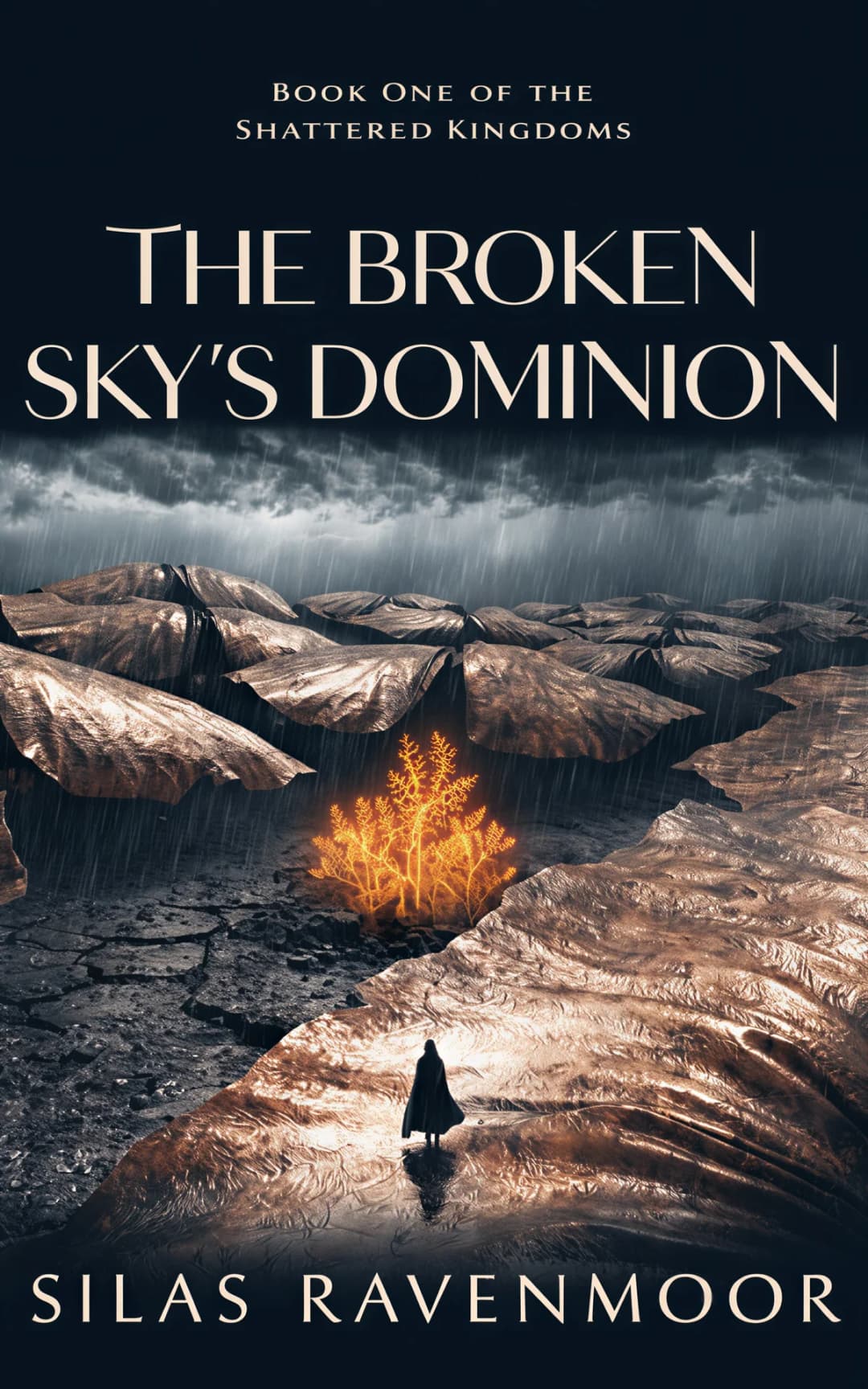 AI book cover generator epic fantasy silhouette vista: solitary figure in rain-soaked landscape with glowing fire and dramatic mountain peaks for 'The Broken Sky's Dominion'.