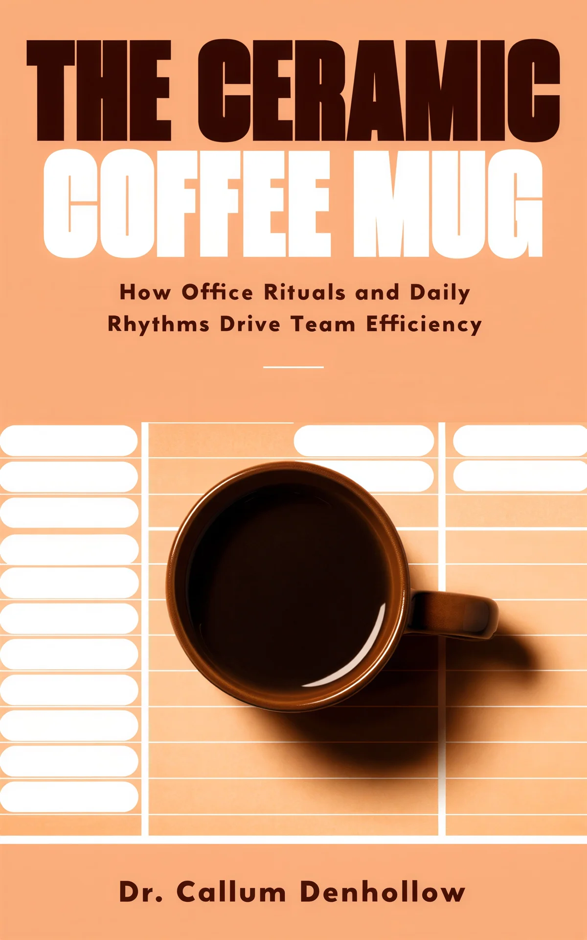 AI book cover generator business minimal: top-down view of a brown coffee mug on a schedule chart for "The Ceramic Coffee Mug".