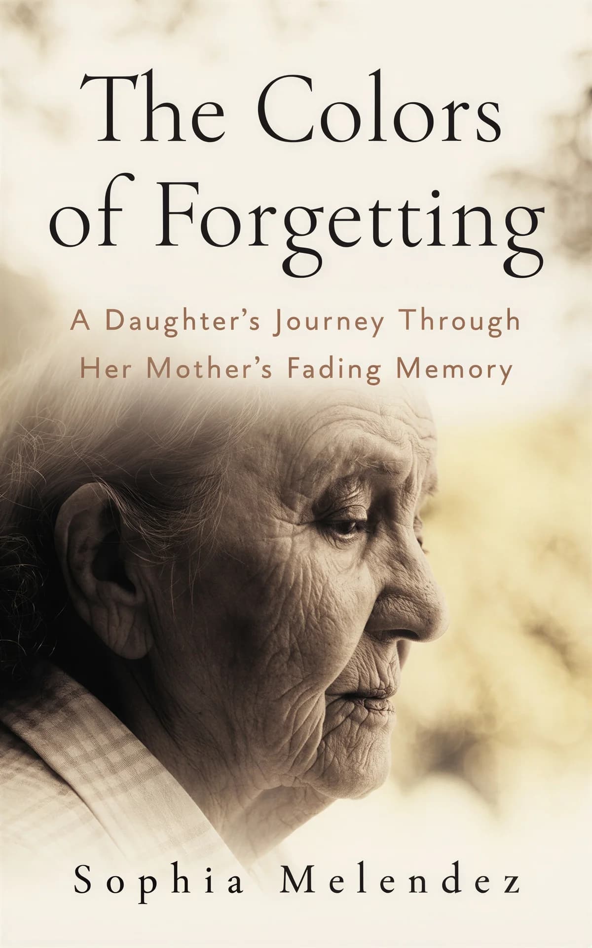 AI book cover generator biography photo portrait: elderly woman's profile in sepia tones with soft focus background for 'The Colors of Forgetting'.