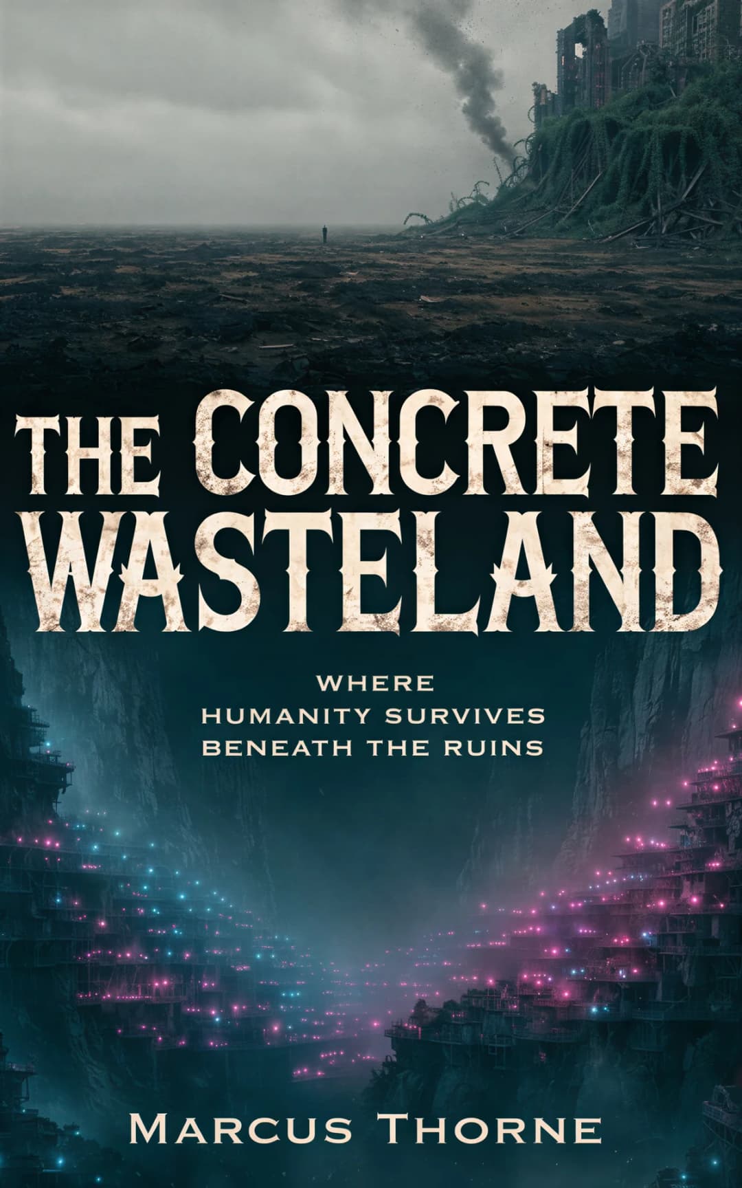 AI book cover generator science fiction dystopian-ruined-world-vista: desolate wasteland with crumbling skyscraper ruins, bioluminescent underground city lights, and solitary figure for "The Concrete Wasteland".