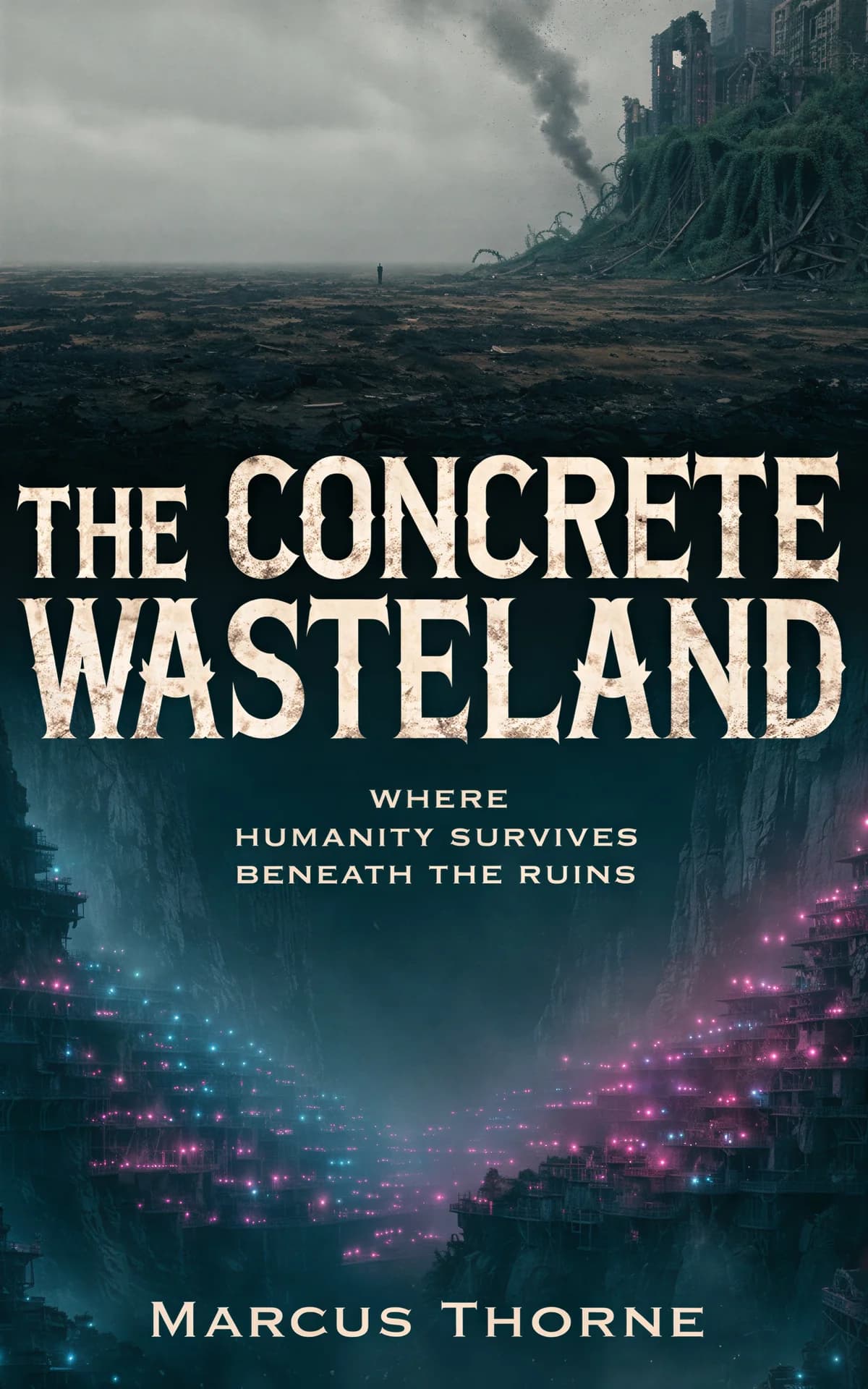 AI book cover generator science fiction dystopian-ruined-world-vista: desolate wasteland with crumbling skyscraper ruins, bioluminescent underground city lights, and solitary figure for "The Concrete Wasteland".