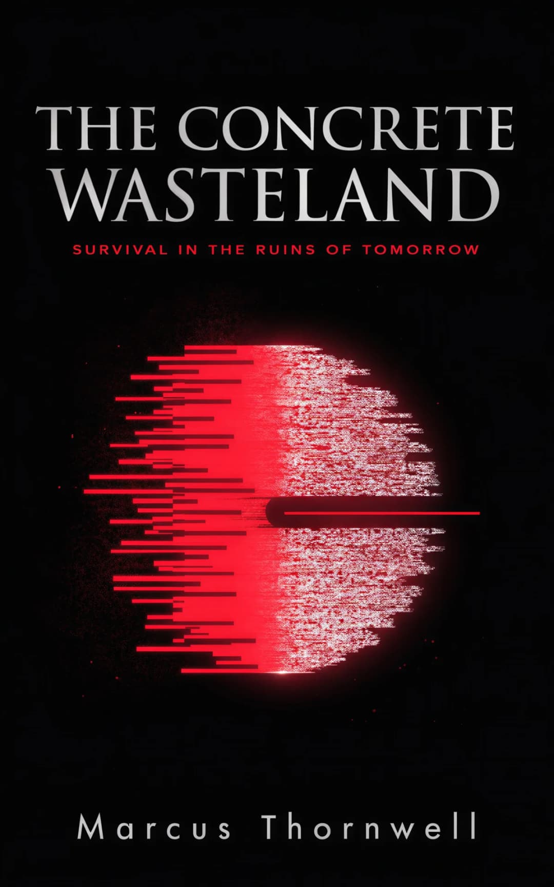 AI book cover generator science fiction dystopian-symbol-void: glowing red circular portal with horizontal bars and particle dispersion effect on black background for "The Concrete Wasteland".