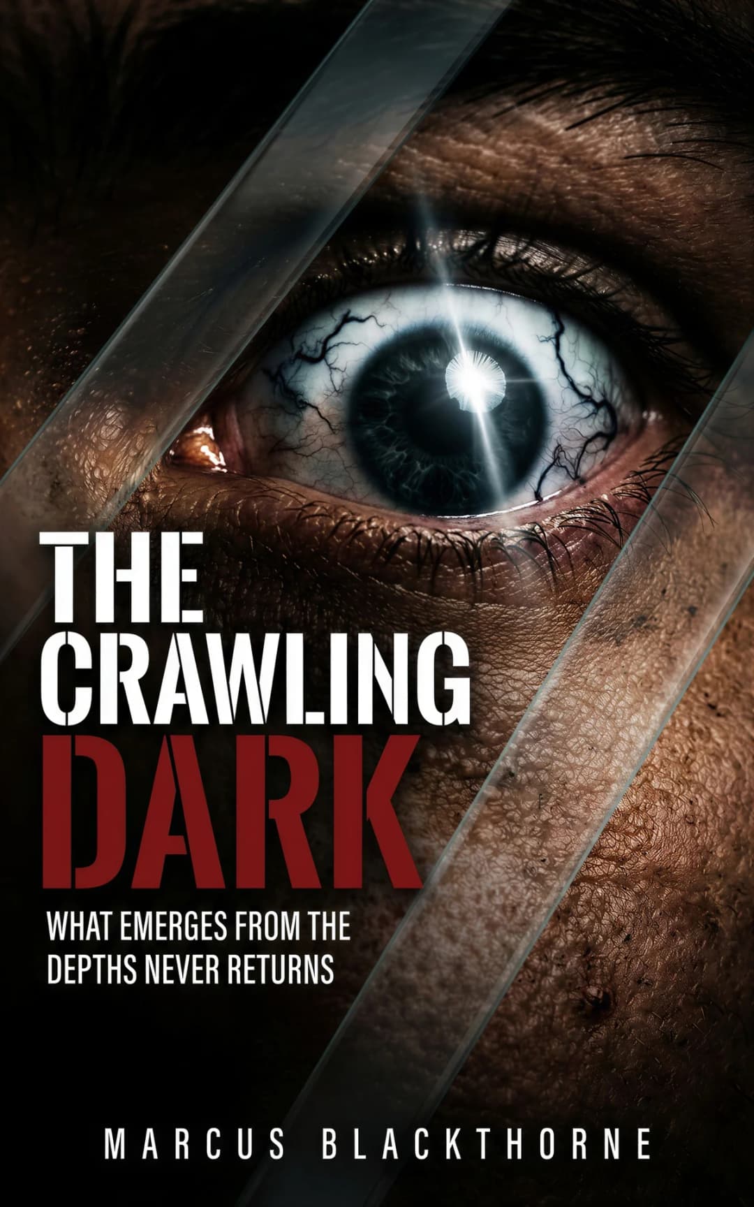 AI book cover generator horror thriller-face: Intense human eye with glowing pupil, cracked texture, and dark glass fragments for "The Crawling Dark".