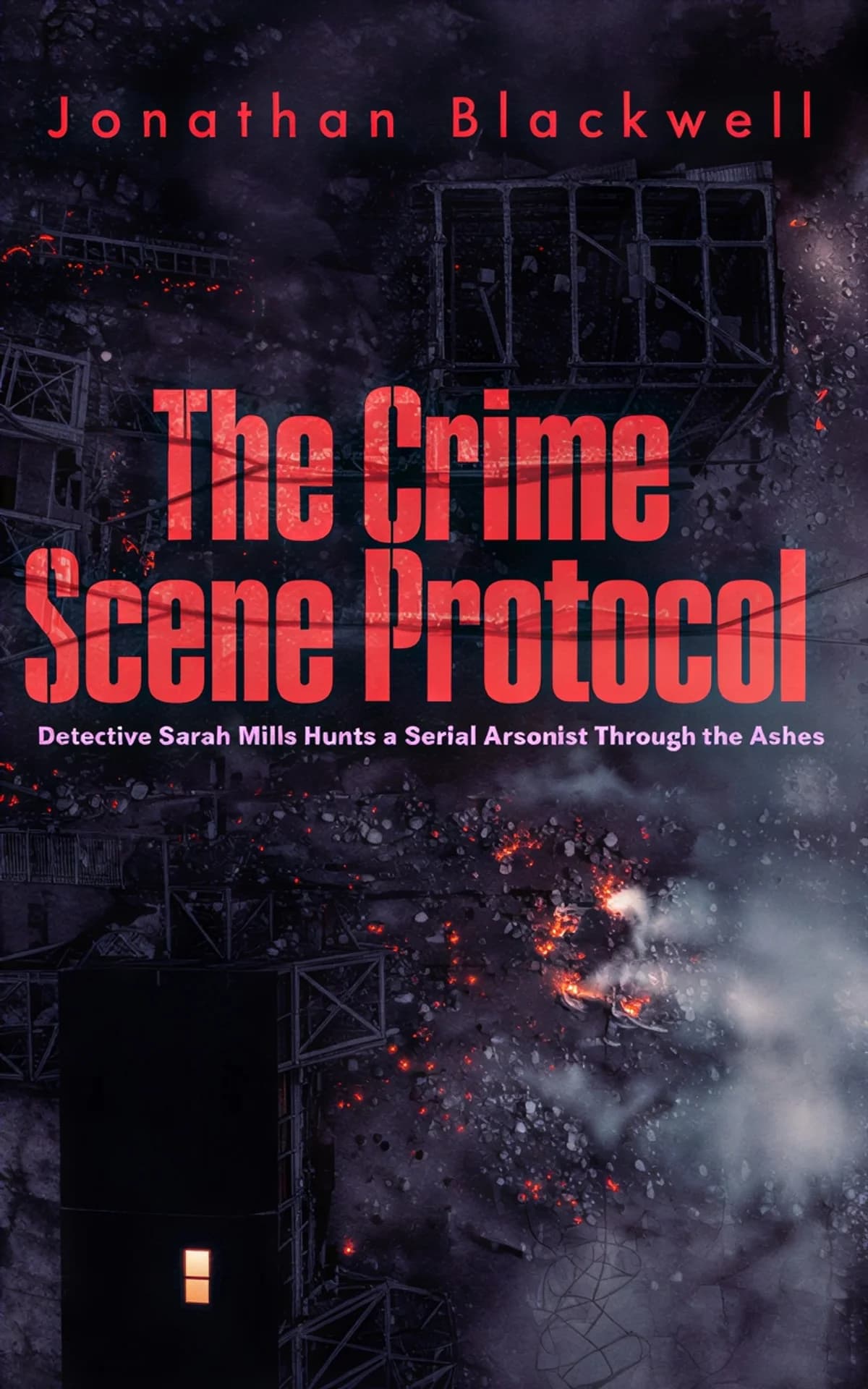 AI book cover generator thriller aerial-place: burning industrial building with flames and smoke at night for "The Crime Scene Protocol"