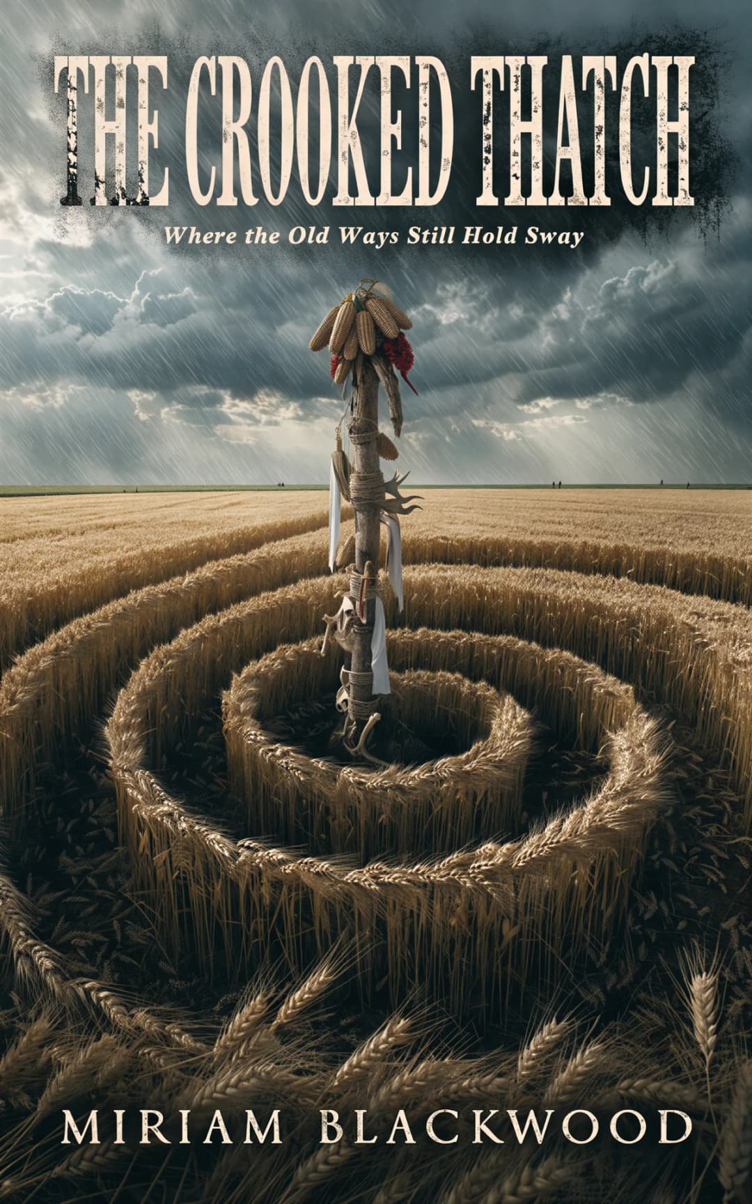 AI book cover generator horror folk-pagan landscape: scarecrow in spiral crop circle under stormy sky for 'The Crooked Thatch'.