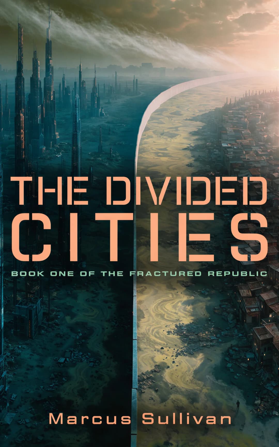 AI book cover generator science fiction dystopian-ruined-world-vista: split-screen futuristic cityscape with towering dark spires contrasting against desolate wasteland landscape divided by glowing white barrier for 'The Divided Cities'.