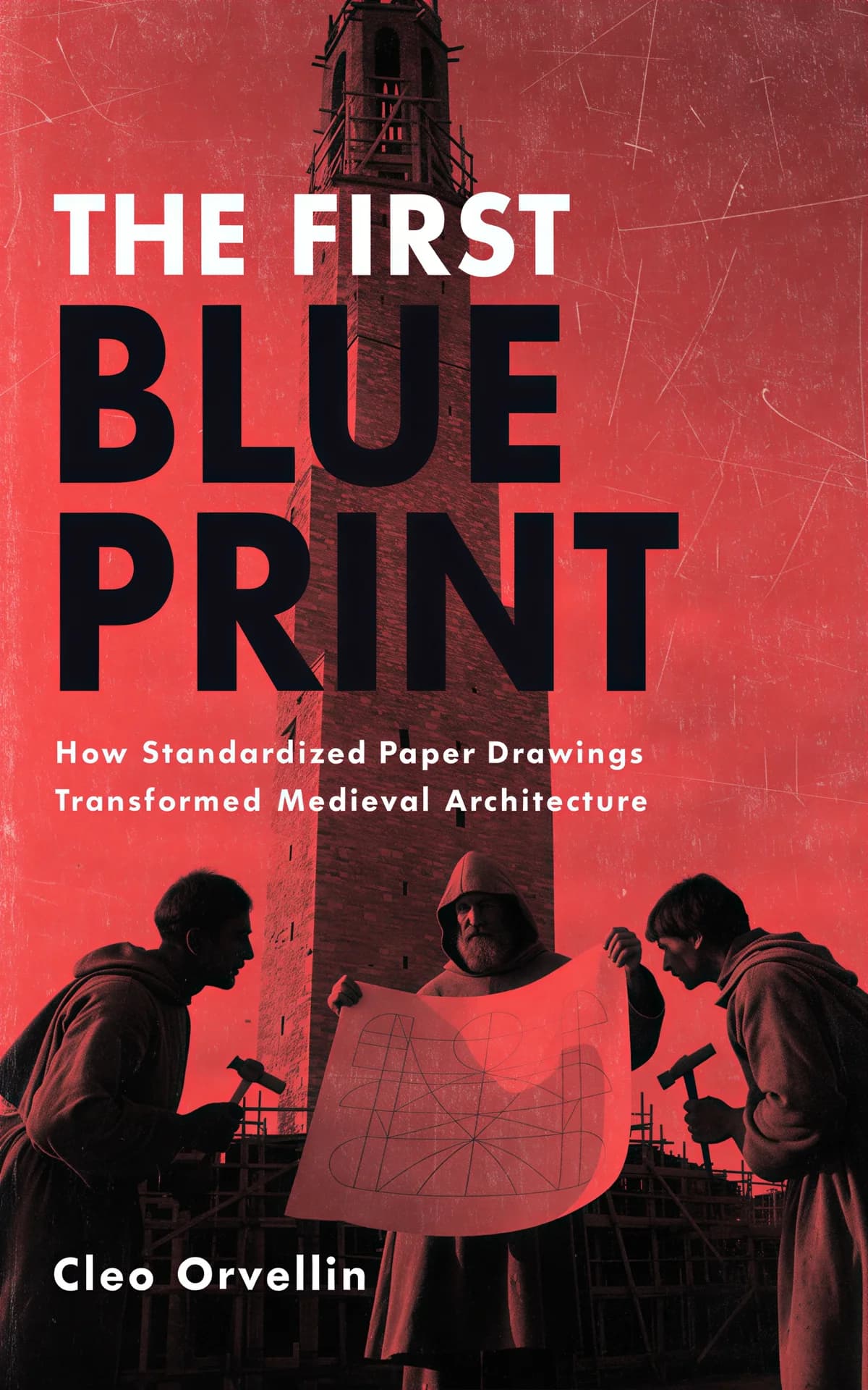 AI book cover generator photoreal vintage: medieval monks studying a blueprint in front of a stone tower for "The First Blue Print".