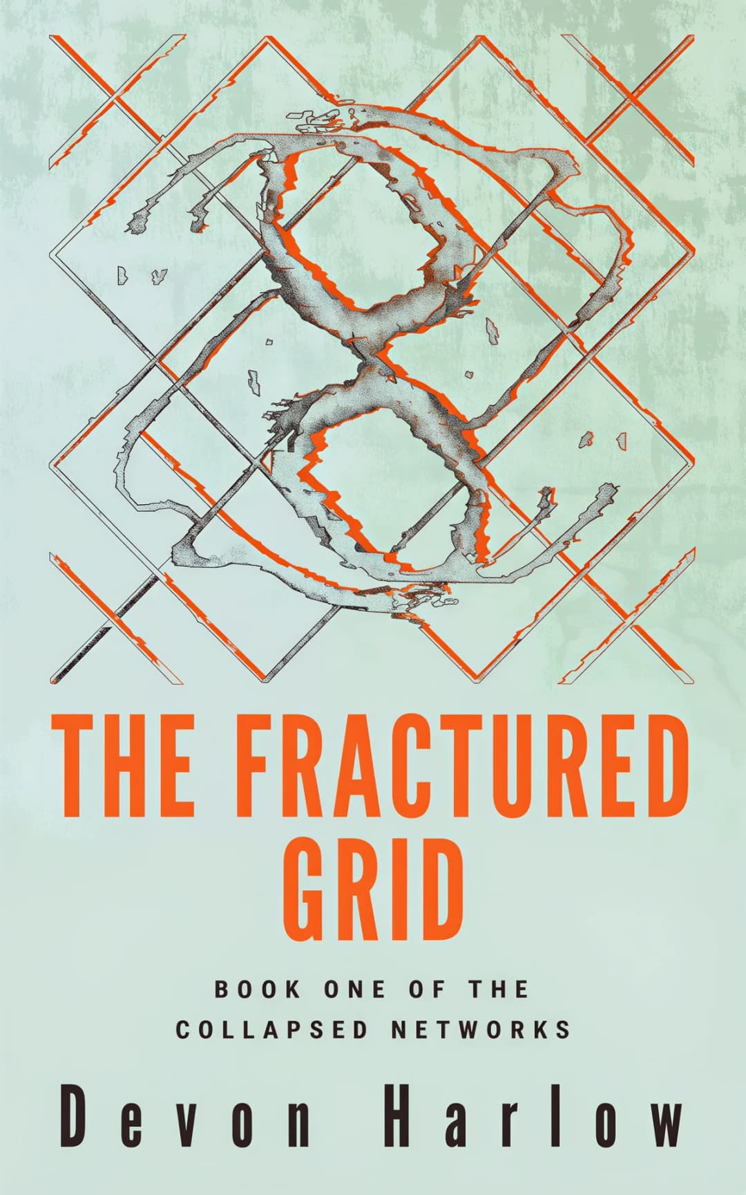 AI book cover generator science fiction dystopian-symbol: fractured geometric grid with fragmented map and orange warning lines on pale background for "The Fractured Grid".