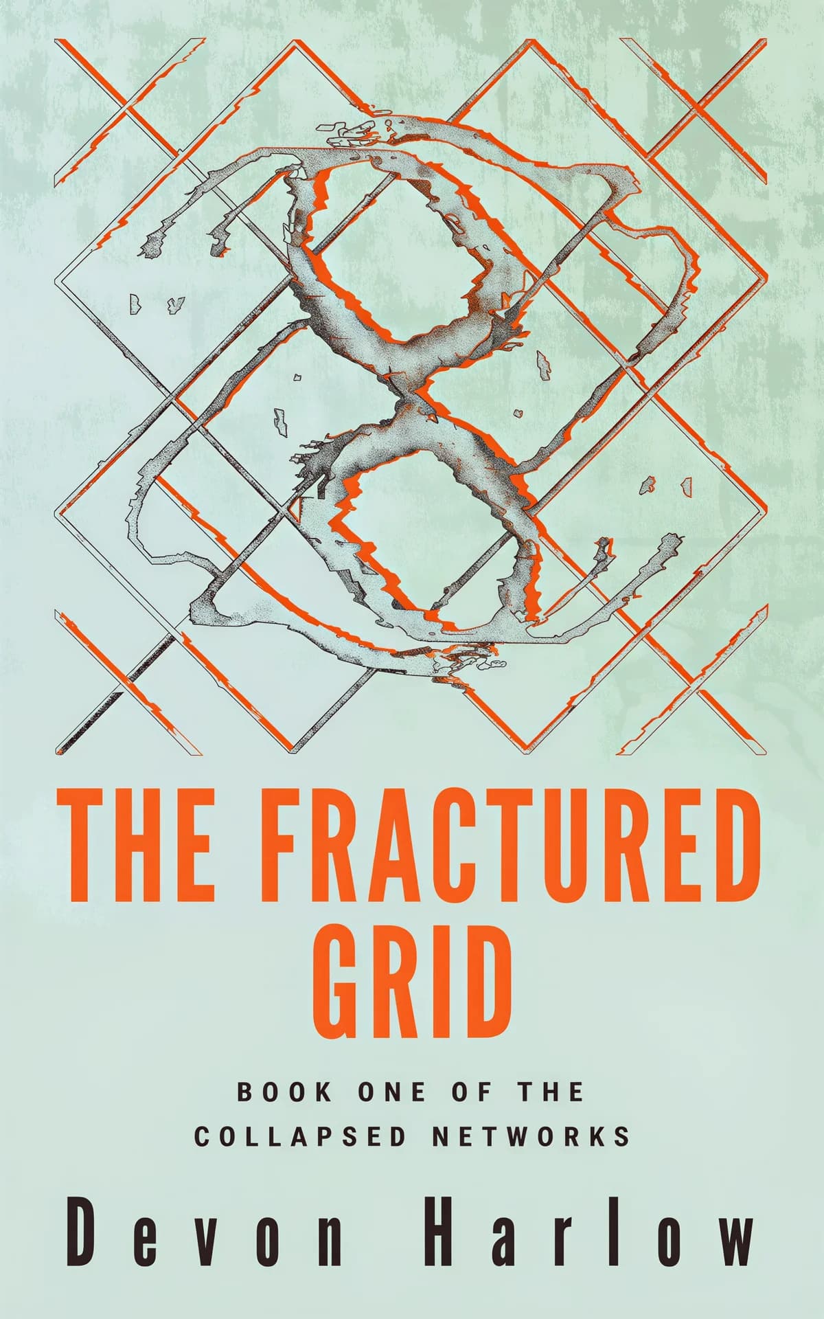AI book cover generator science fiction dystopian-symbol: fractured geometric grid with fragmented map and orange warning lines on pale background for "The Fractured Grid".