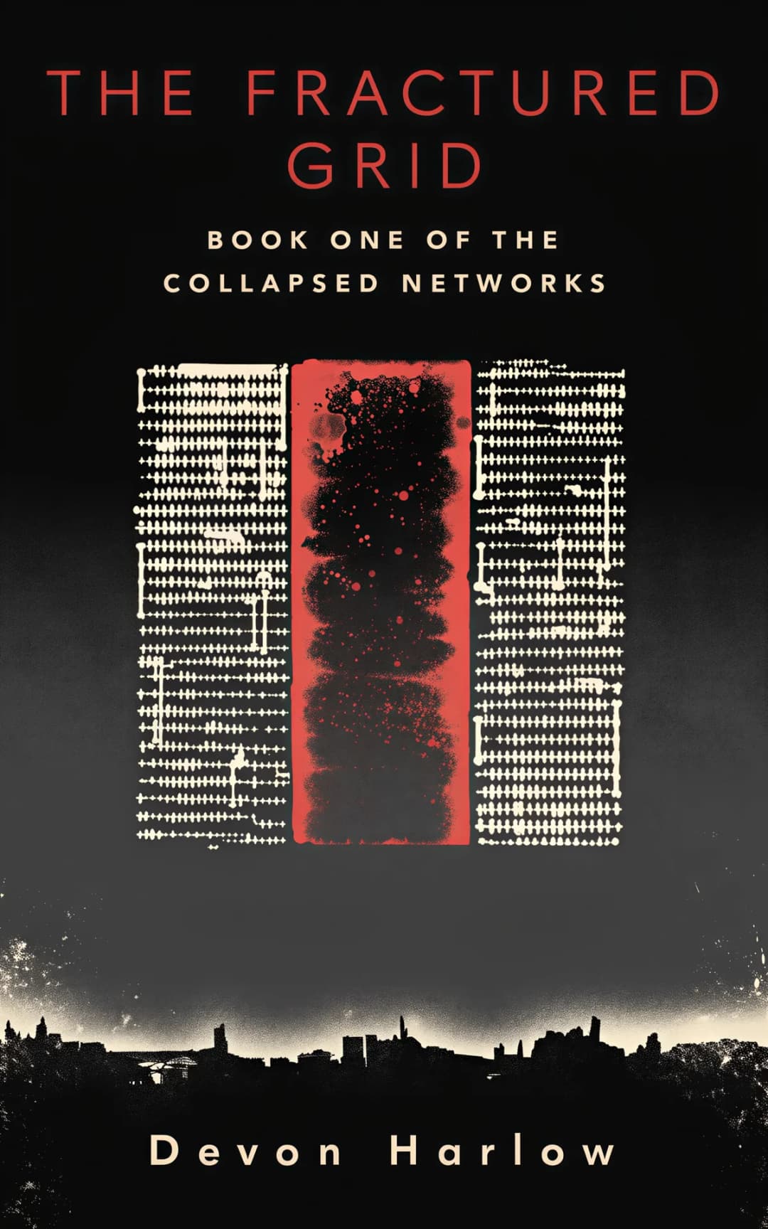 AI book cover generator science fiction dystopian-symbol: fragmented grid pattern with red center panel and scattered particles against dark cityscape for "The Fractured Grid".
