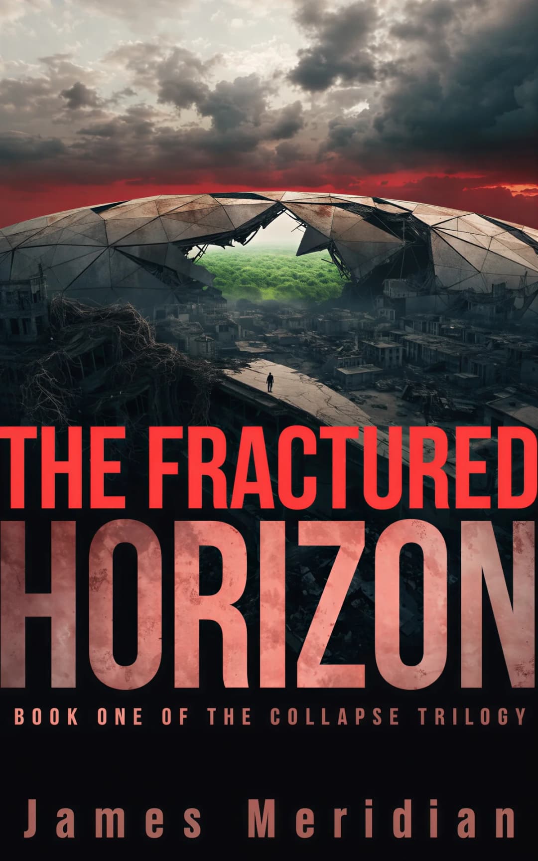 AI book cover generator science fiction dystopian-ruined-world-vista: devastated cityscape with massive fractured dome structure revealing lush green horizon beyond for "The Fractured Horizon".