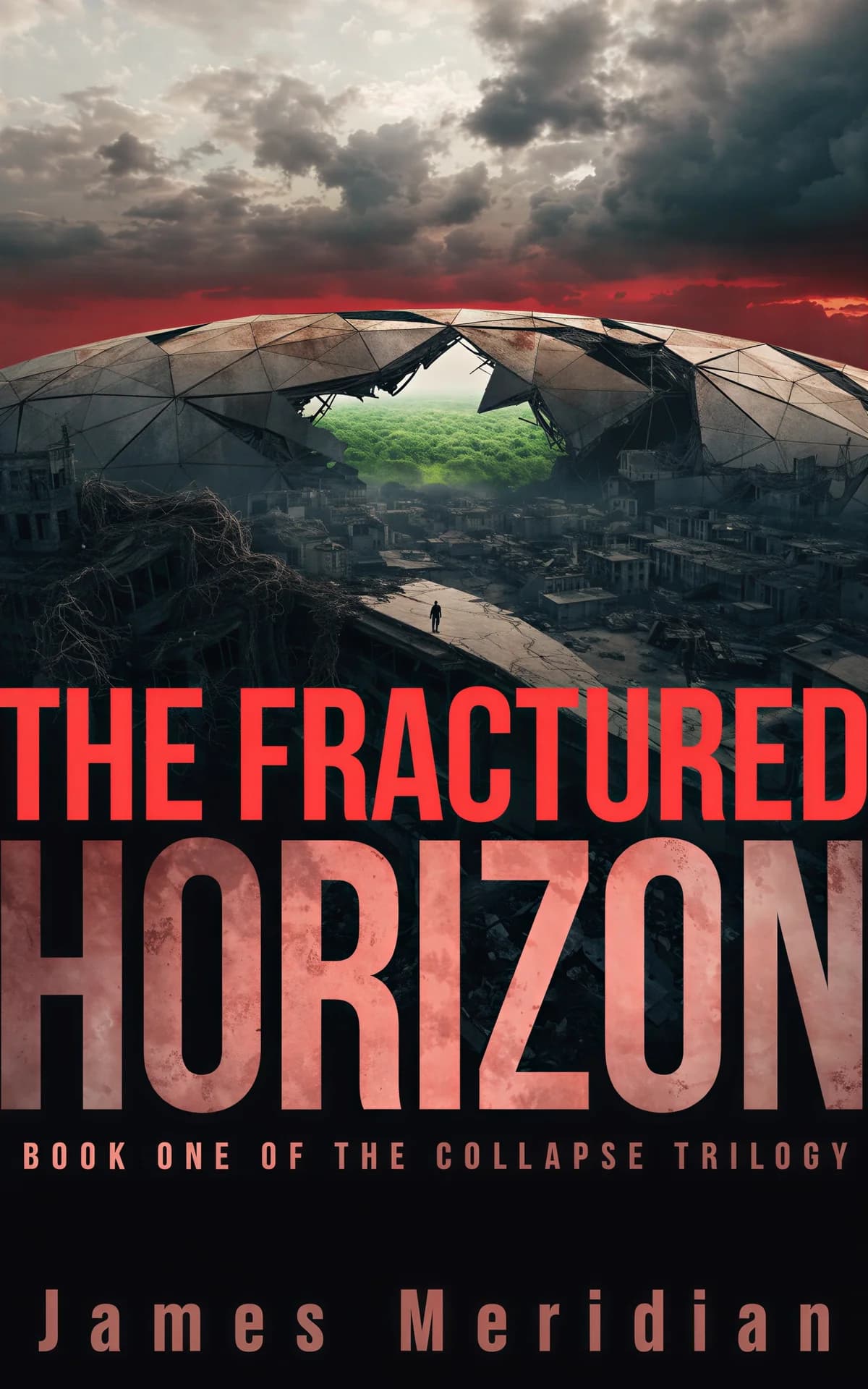 AI book cover generator science fiction dystopian-ruined-world-vista: devastated cityscape with massive fractured dome structure revealing lush green horizon beyond for "The Fractured Horizon".