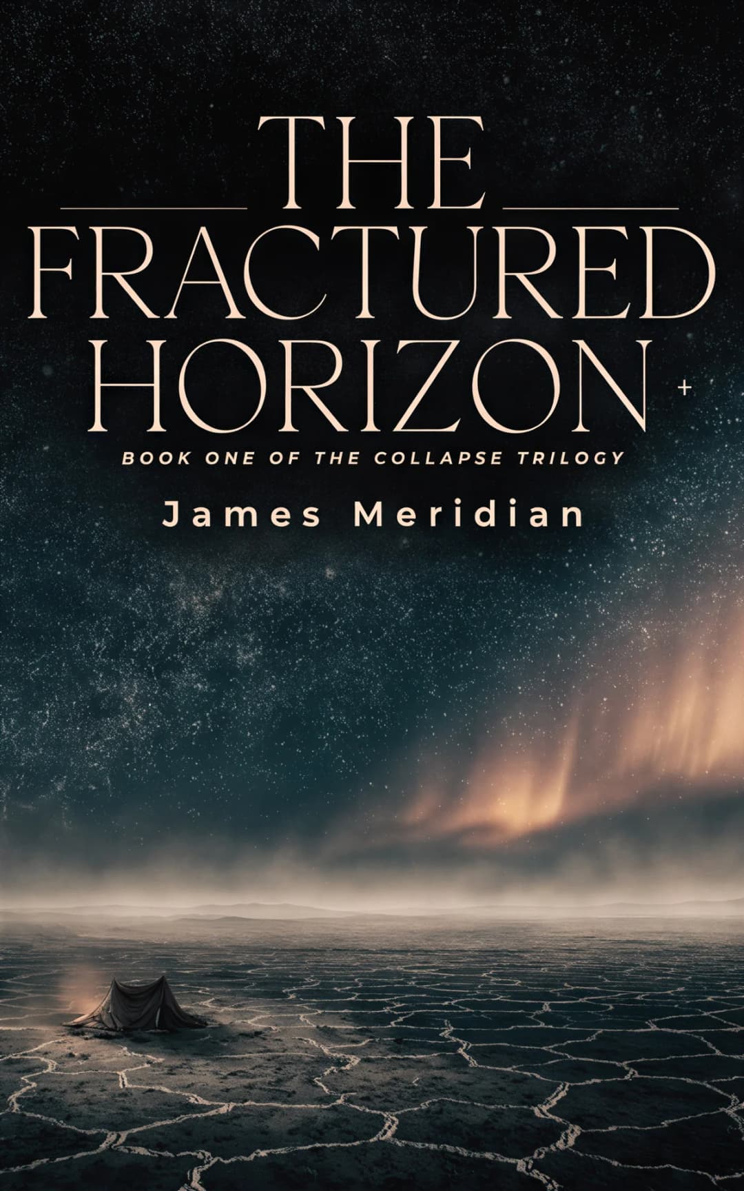 AI book cover generator science fiction dystopian-literary: cracked barren landscape with solitary tent beneath starry sky and golden aurora for "The Fractured Horizon".