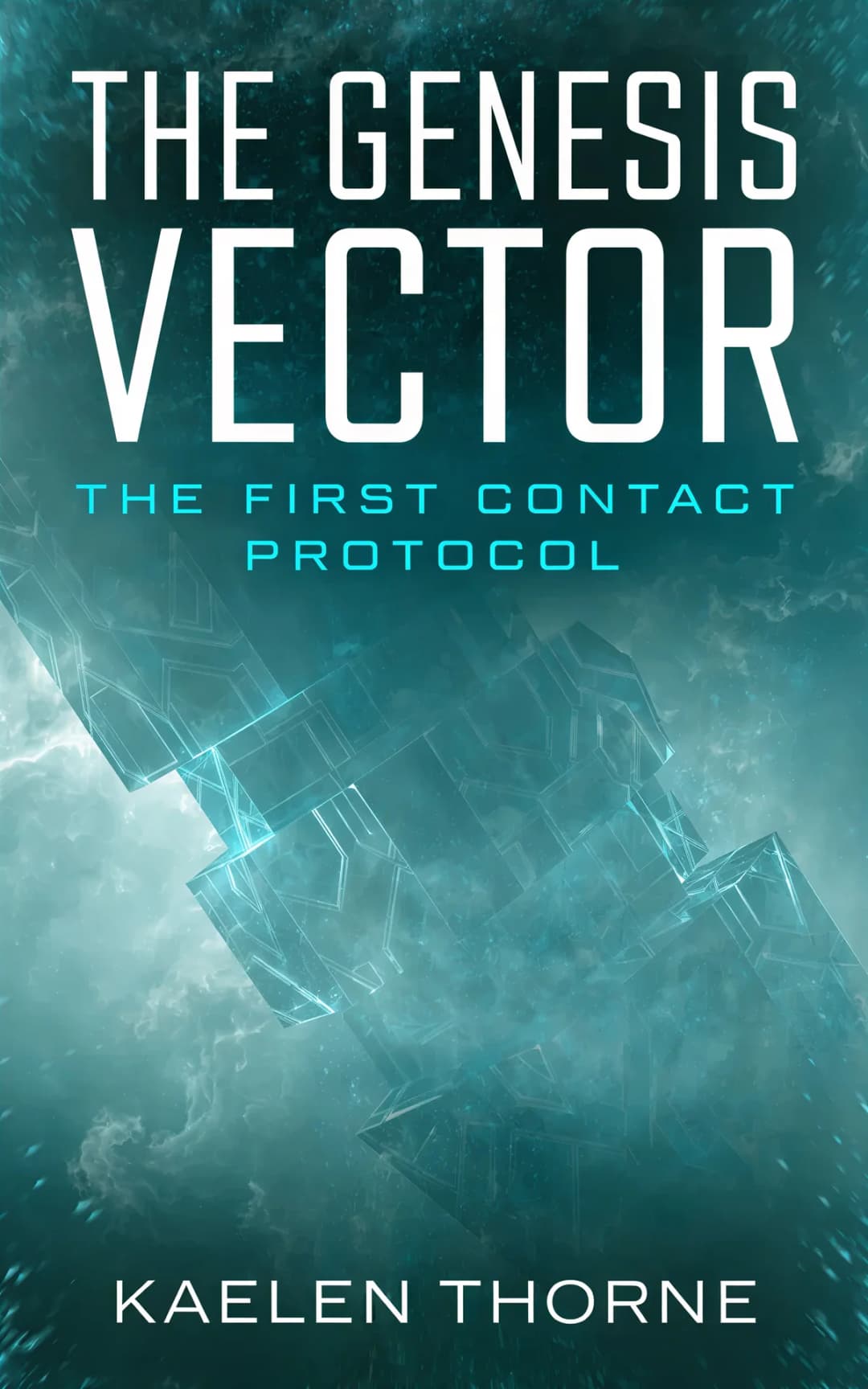 AI book cover generator science fiction cinematic-scifi-photo: translucent blue geometric crystal structures floating in misty cosmic space for "The Genesis Vector".
