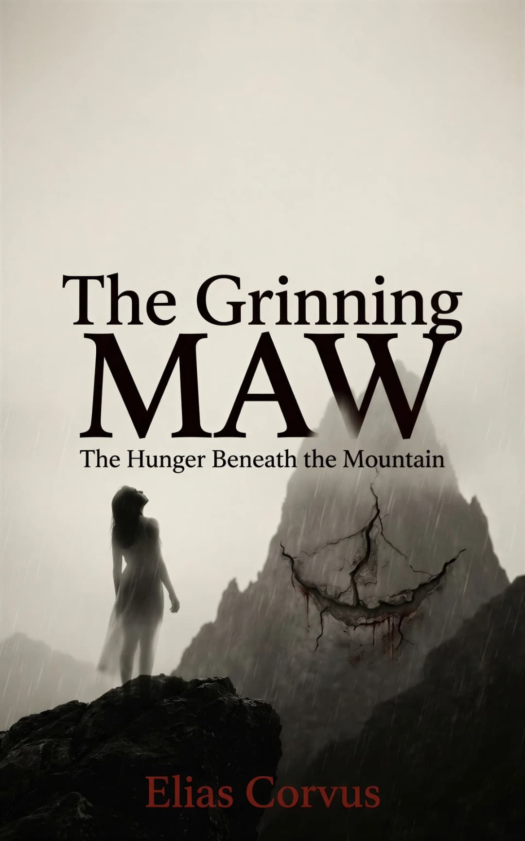 AI book cover generator horror faceless-entity-isolation: Silhouetted figure on rocky cliff facing misshapen mountain with bloody crack under rainy atmosphere for "The Grinning Maw".