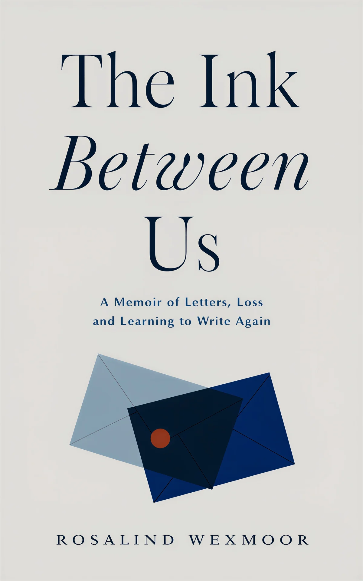 AI book cover generator memoir minimalist: overlapping blue envelopes with a rust-red dot for "The Ink Between Us".