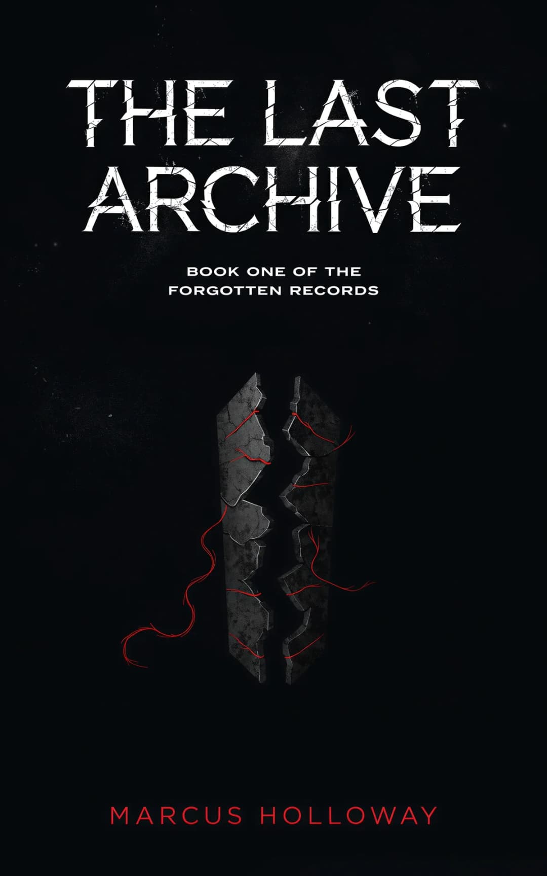 AI book cover generator science fiction dystopian-symbol-void: fractured stone tablet with red glowing cracks and tendrils on black background for 'The Last Archive'.