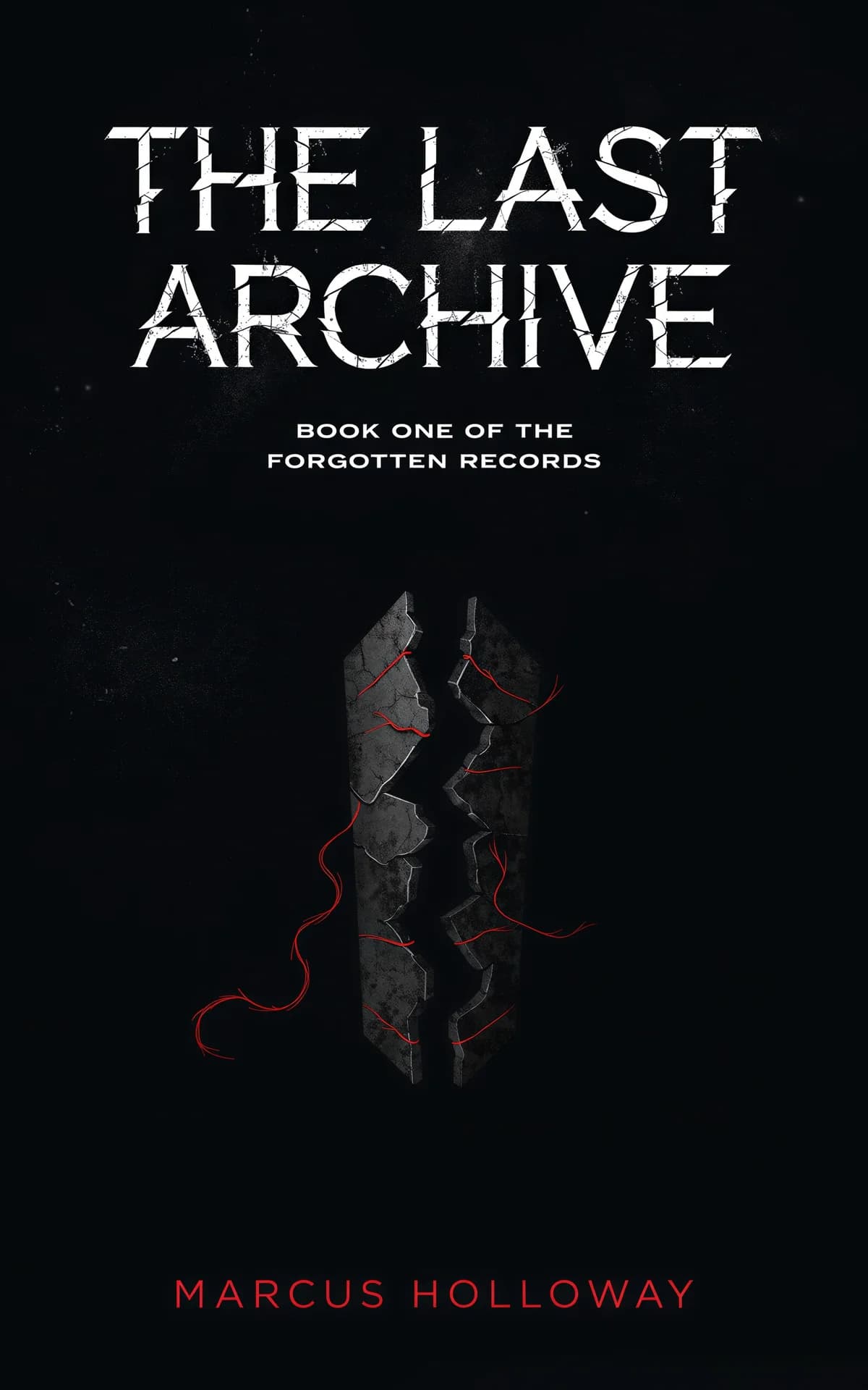 AI book cover generator science fiction dystopian-symbol-void: fractured stone tablet with red glowing cracks and tendrils on black background for 'The Last Archive'.