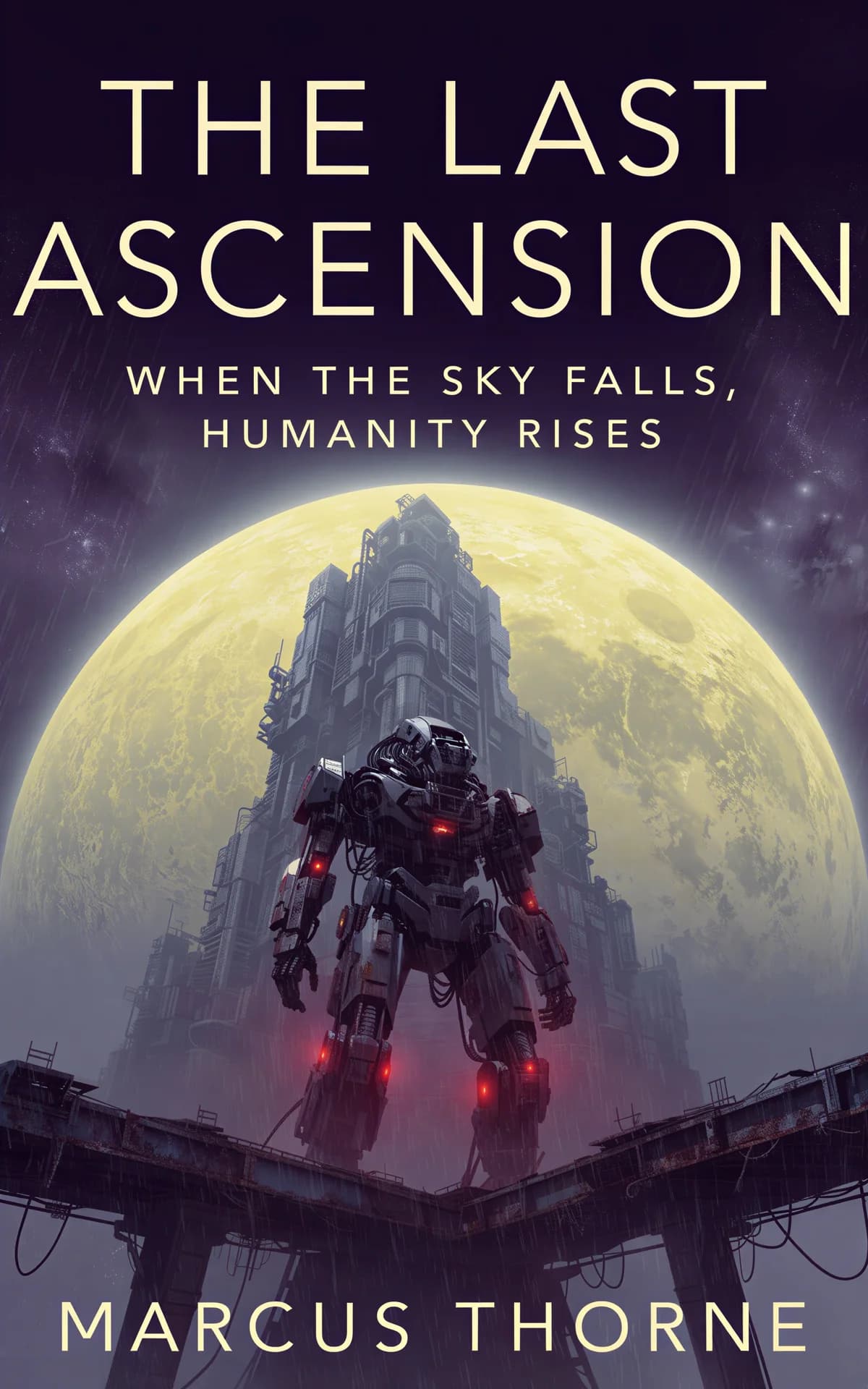 AI book cover generator science fiction space-opera-painted-panoramic: towering mecha suit with glowing red accents standing before massive moon and gothic skyscraper for "The Last Ascension".