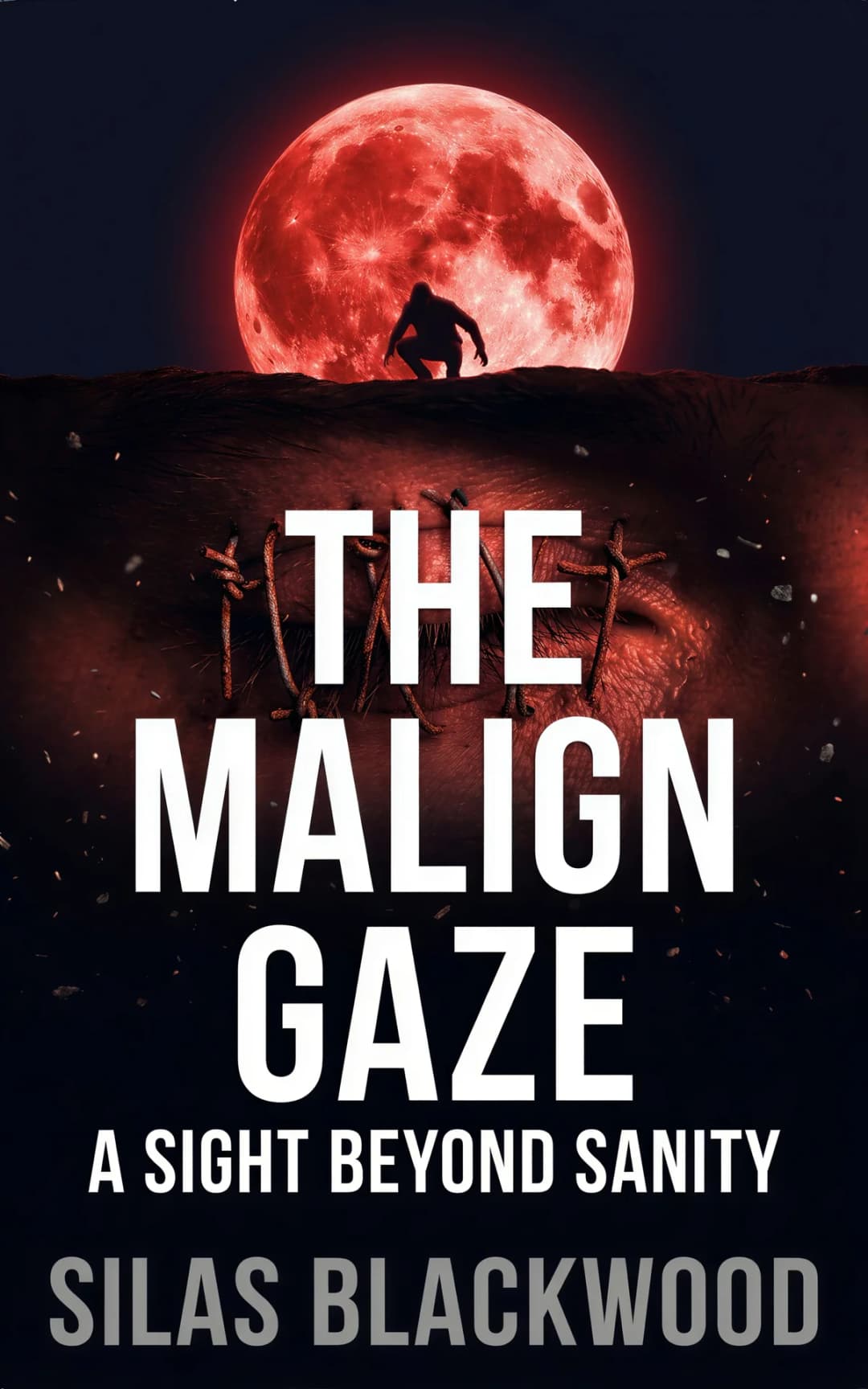 AI book cover generator horror bloodmoon-silhouette: Crimson full moon with shadowy figure on rocky horizon for "The Malign Gaze".