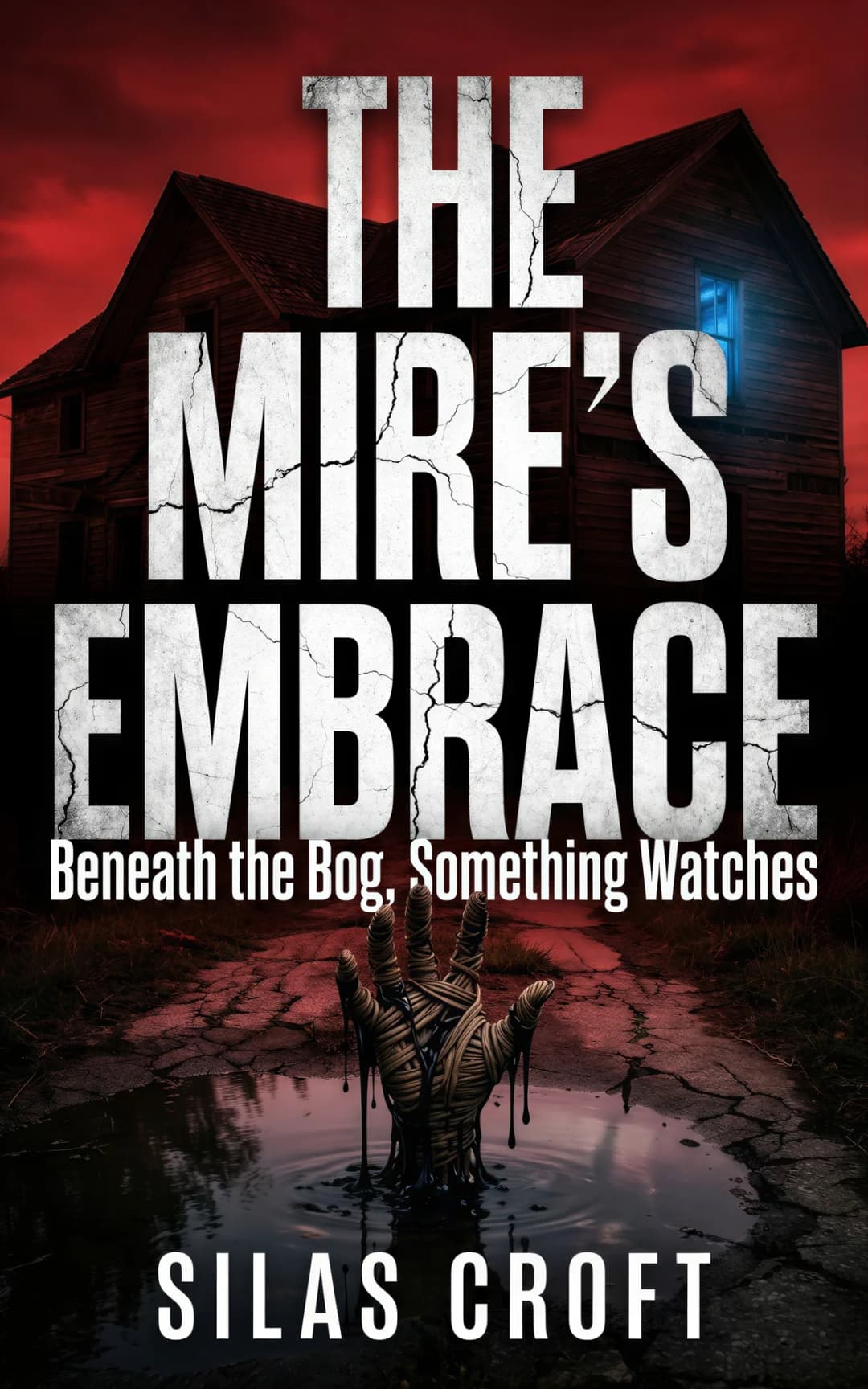 AI book cover generator horror claude-horror-house-bigtype: Dilapidated wooden house with red sky, mummified hand emerging from cracked bog for "The Mire's Embrace".