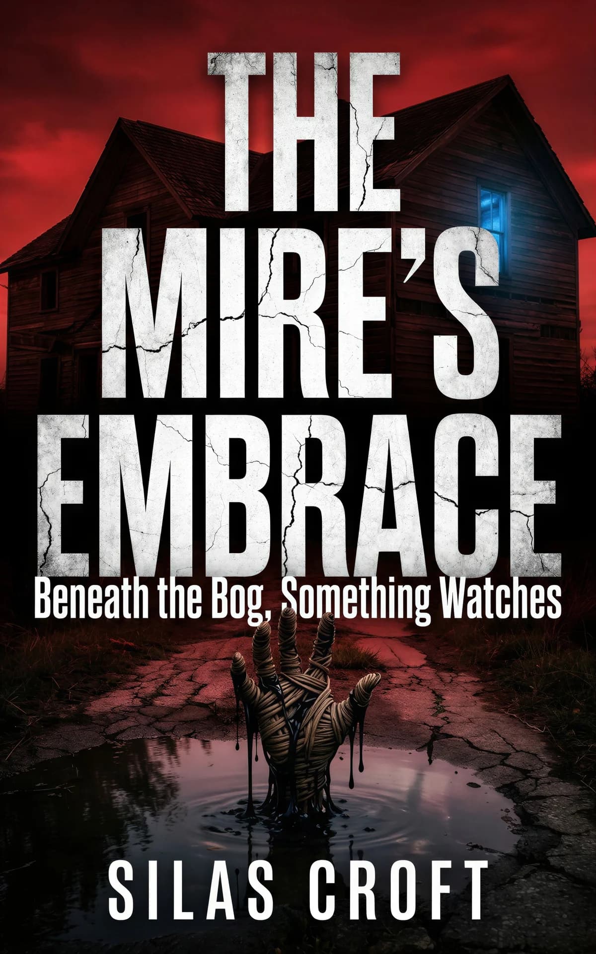 AI book cover generator horror claude-horror-house-bigtype: Dilapidated wooden house with red sky, mummified hand emerging from cracked bog for "The Mire's Embrace".
