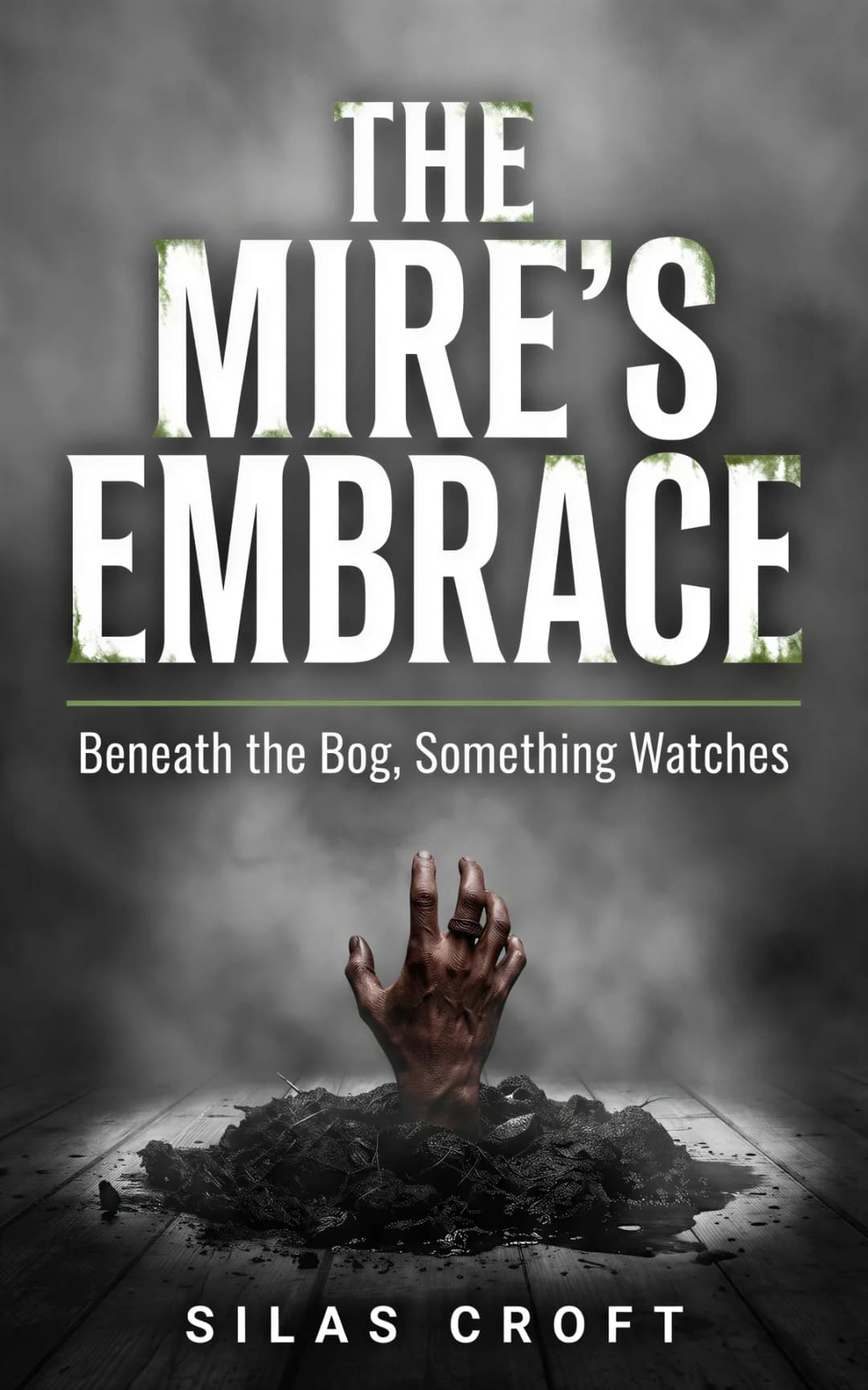 AI book cover generator horror claude-horror-object-relic-type-dominant: Decaying hand emerging from dark bog on wooden surface with misty background for "The Mire's Embrace".