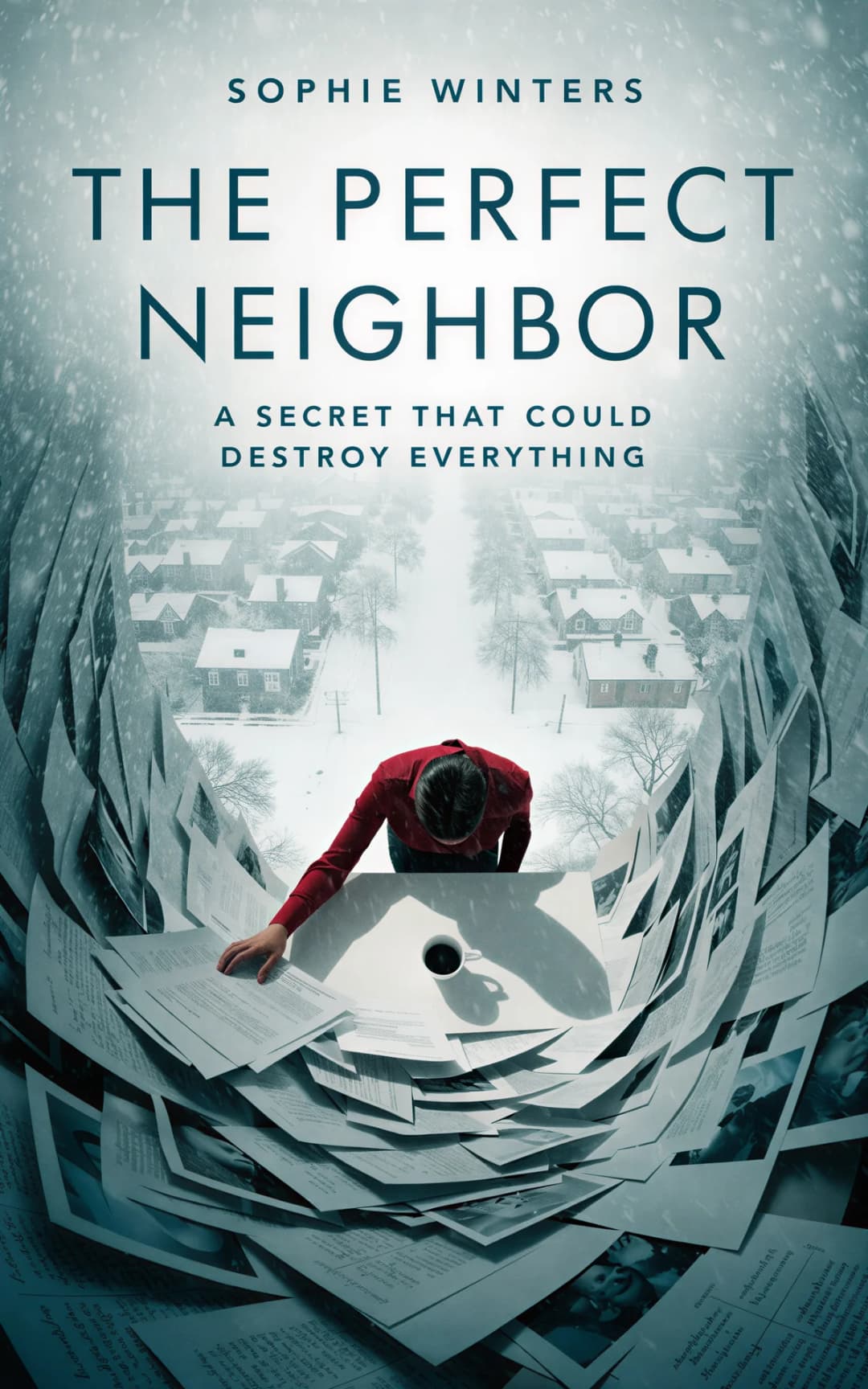 AI book cover generator thriller faceless-figure-isolation: person in red jacket overlooking snowy suburban neighborhood surrounded by swirling documents for "The Perfect Neighbor".