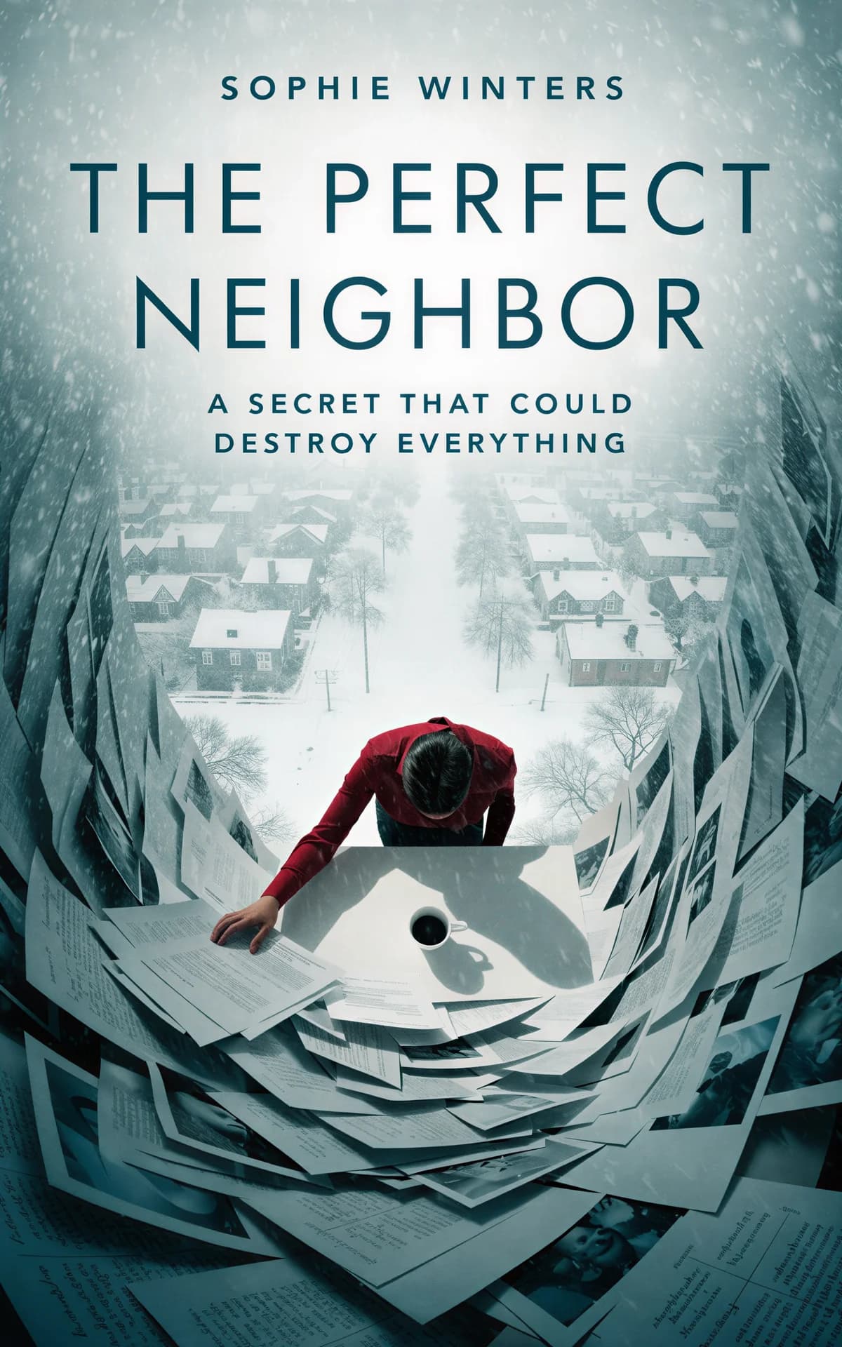 AI book cover generator thriller faceless-figure-isolation: person in red jacket overlooking snowy suburban neighborhood surrounded by swirling documents for "The Perfect Neighbor".