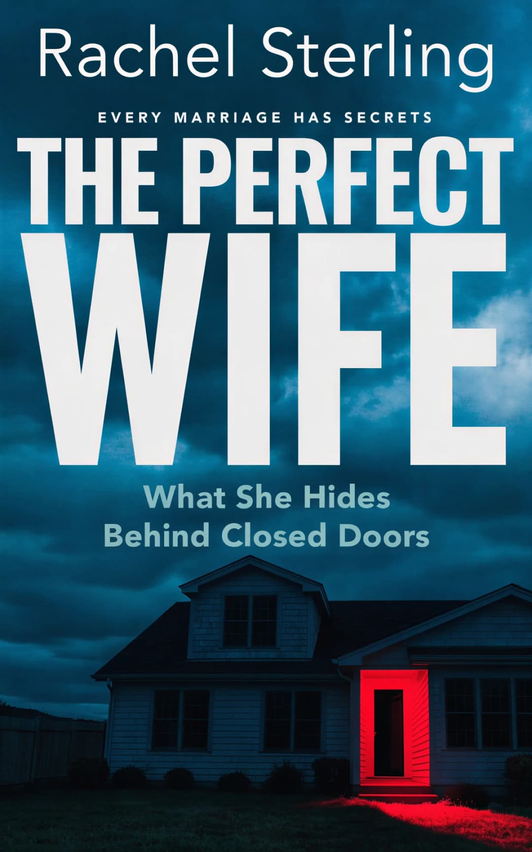 AI book cover generator thriller big type house: ominous house with red glowing door against stormy sky for "The Perfect Wife".
