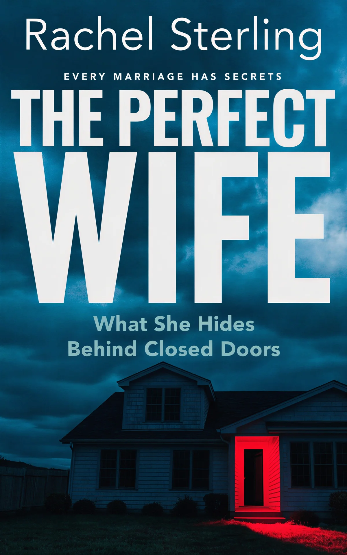 AI book cover generator thriller big type house: ominous house with red glowing door against stormy sky for "The Perfect Wife".