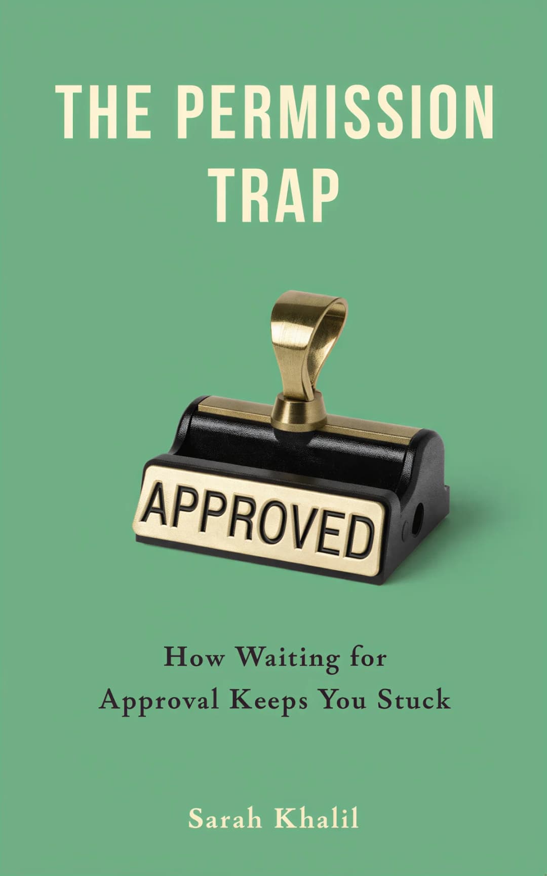 AI book cover generator self-help object-colorfield: brass approval stamp on mint green background for 'The Permission Trap'