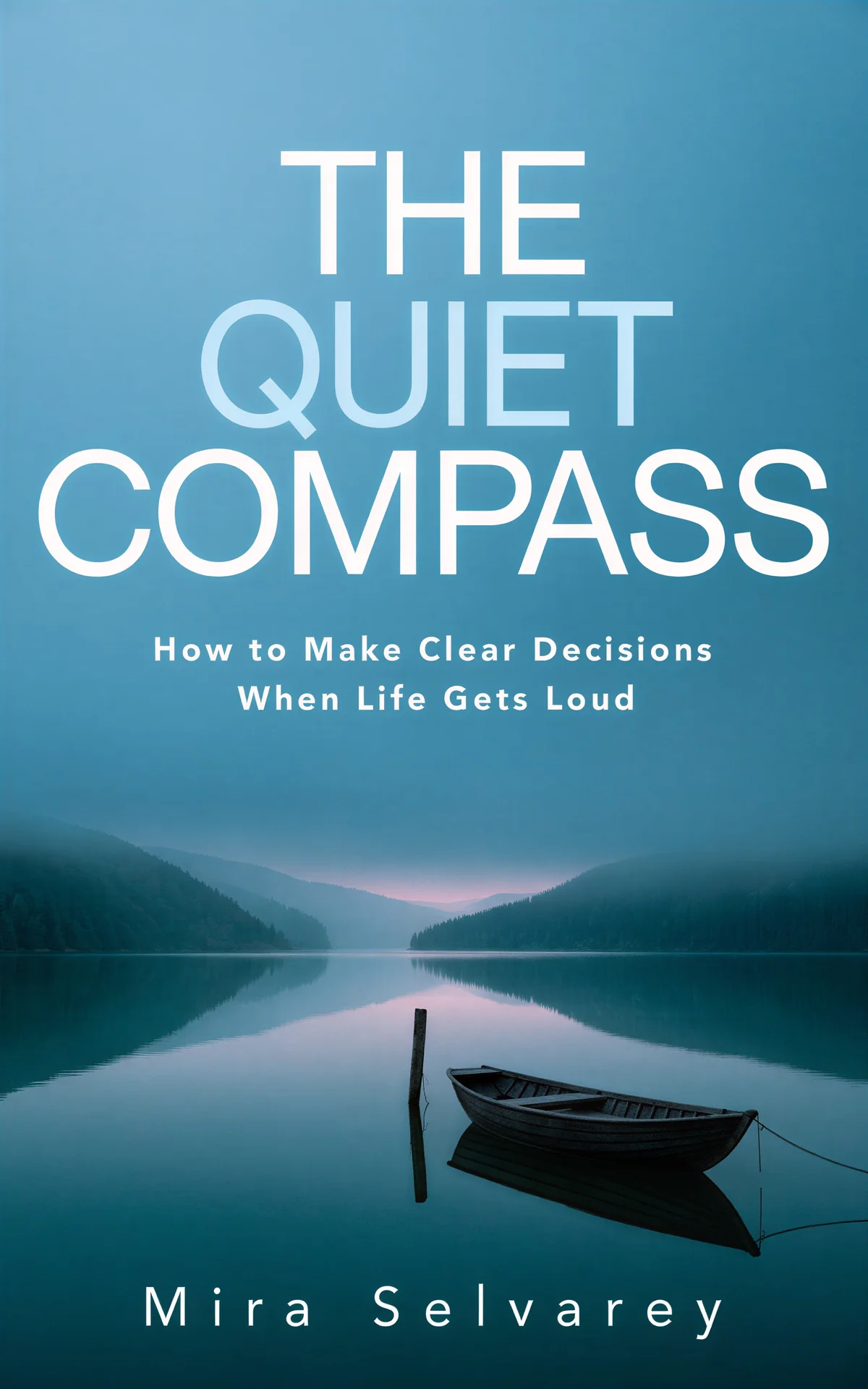 AI book cover generator self-help photoreal: a calm misty lake with a small wooden boat for "The Quiet Compass".