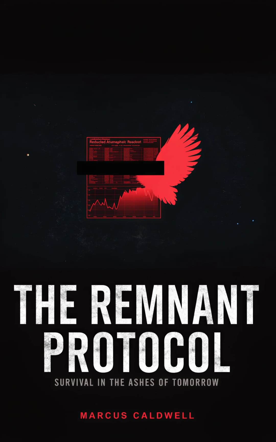 AI book cover generator science fiction dystopian-symbol-void: red phoenix rising from data charts and atmospheric readout displays against black void for "The Remnant Protocol".