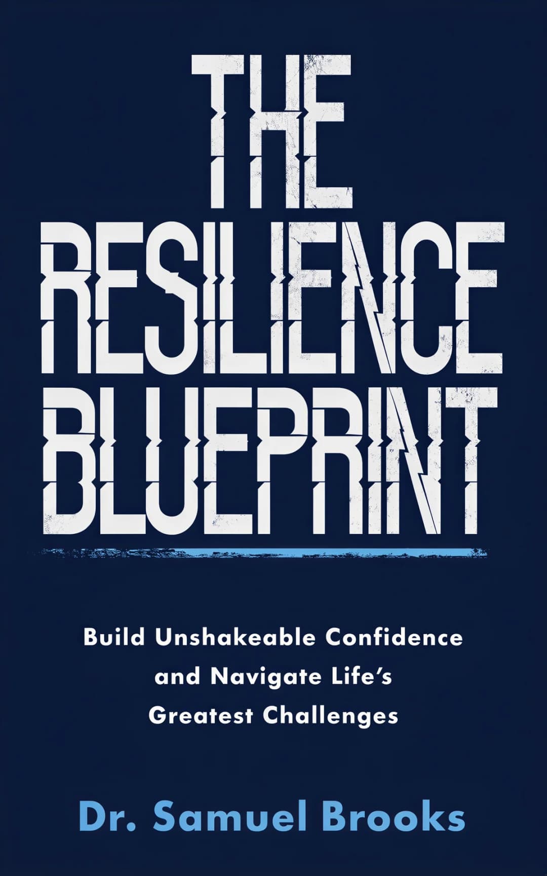 AI book cover generator self-help business-mega-type: bold white distressed typography with blue accent line on dark navy background for 'The Resilience Blueprint'.