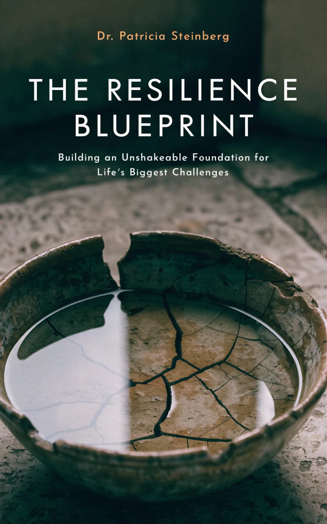 AI book cover generator self-help photo-type: cracked ceramic bowl with water and plant roots symbolizing resilience and foundation for "The Resilience Blueprint".