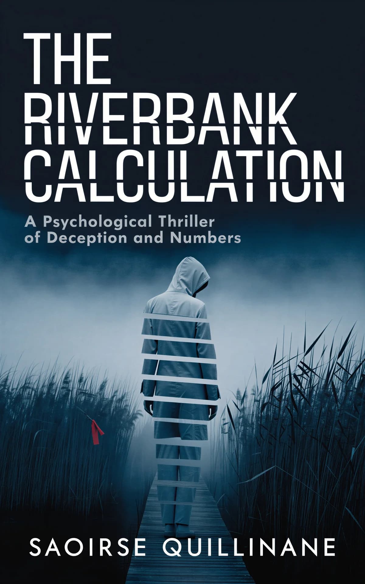 AI book cover generator thriller photoreal: a fragmented figure standing on a wooden pier for "The Riverbank Calculation".