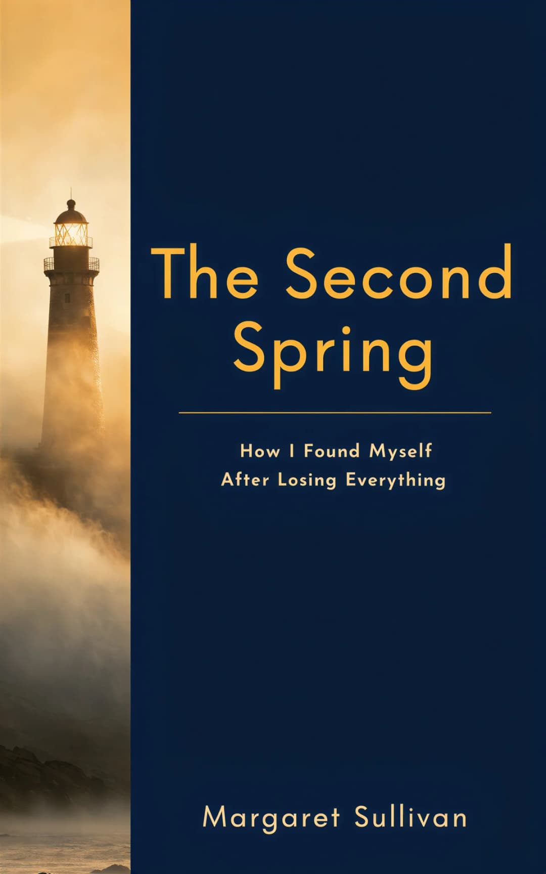 AI book cover generator biography memoir literary-split-composition: misty lighthouse with golden light against dark blue background for "The Second Spring".