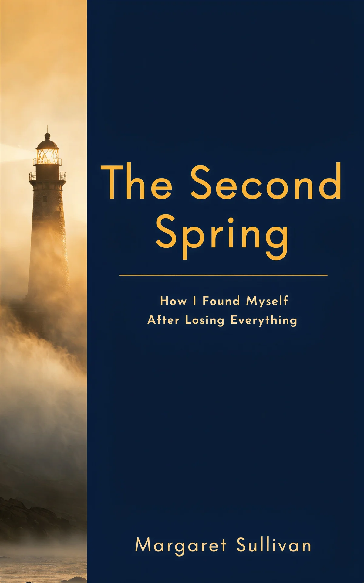 AI book cover generator biography memoir literary-split-composition: misty lighthouse with golden light against dark blue background for "The Second Spring".