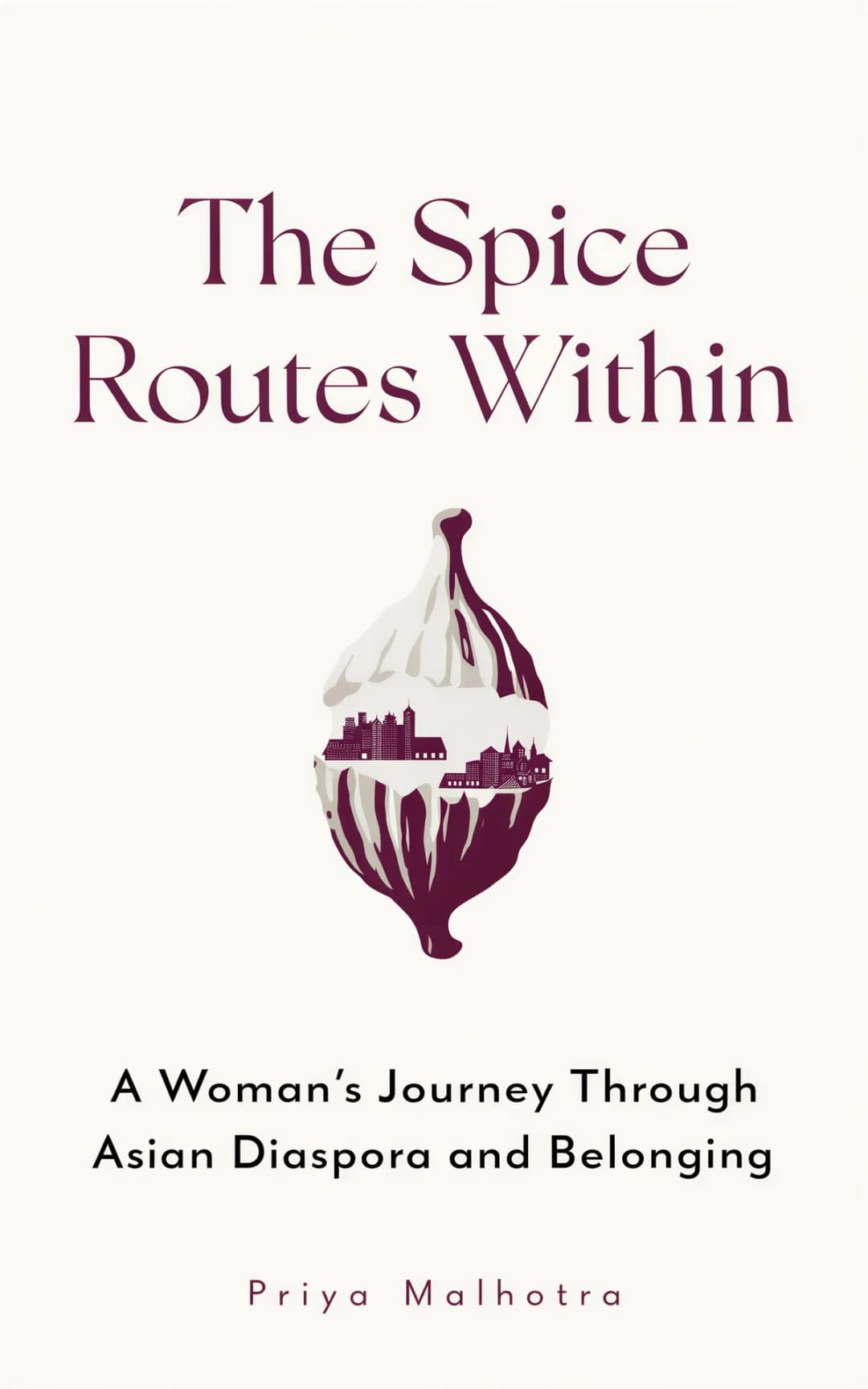 AI book cover generator biography literary graphic symbol: onion cross-section with cityscape silhouette in burgundy and cream for 'The Spice Routes Within'.