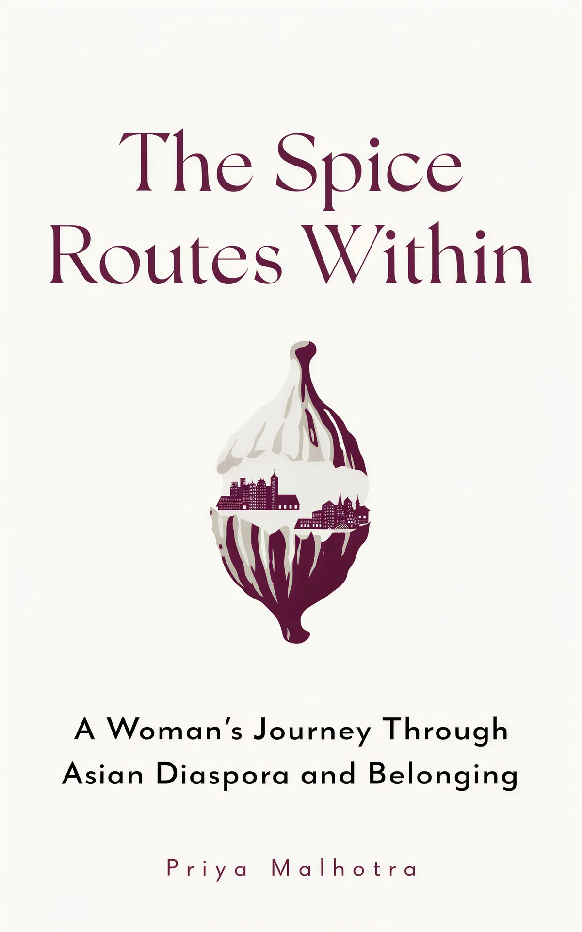 AI book cover generator biography literary graphic symbol: onion cross-section with cityscape silhouette in burgundy and cream for 'The Spice Routes Within'.