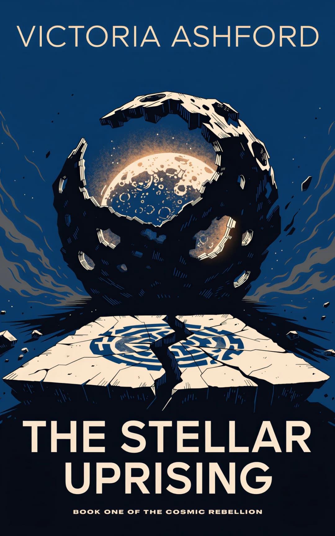 AI book cover generator science fiction space-opera: massive asteroid with glowing moon core hovering above cracked planetary surface with spiral patterns for "The Stellar Uprising".