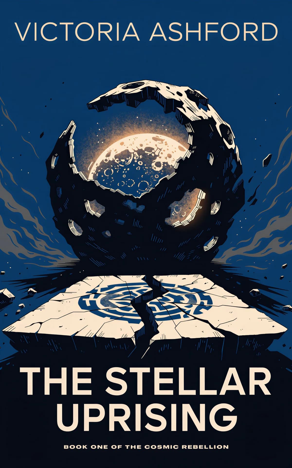 AI book cover generator science fiction space-opera: massive asteroid with glowing moon core hovering above cracked planetary surface with spiral patterns for "The Stellar Uprising".
