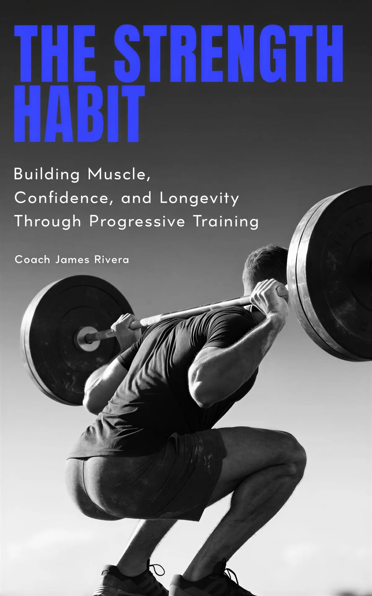 AI book cover generator health & fitness athletic figure: muscular person performing barbell squat in black and white for "The Strength Habit".